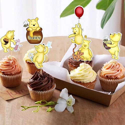 Miniatura 2 de 24 piezas Winnie Baby Shower Cupcake Toppers para Classic the Pooh suministros de fiesta de cumpleaños, decoración de pastel de Winnie para