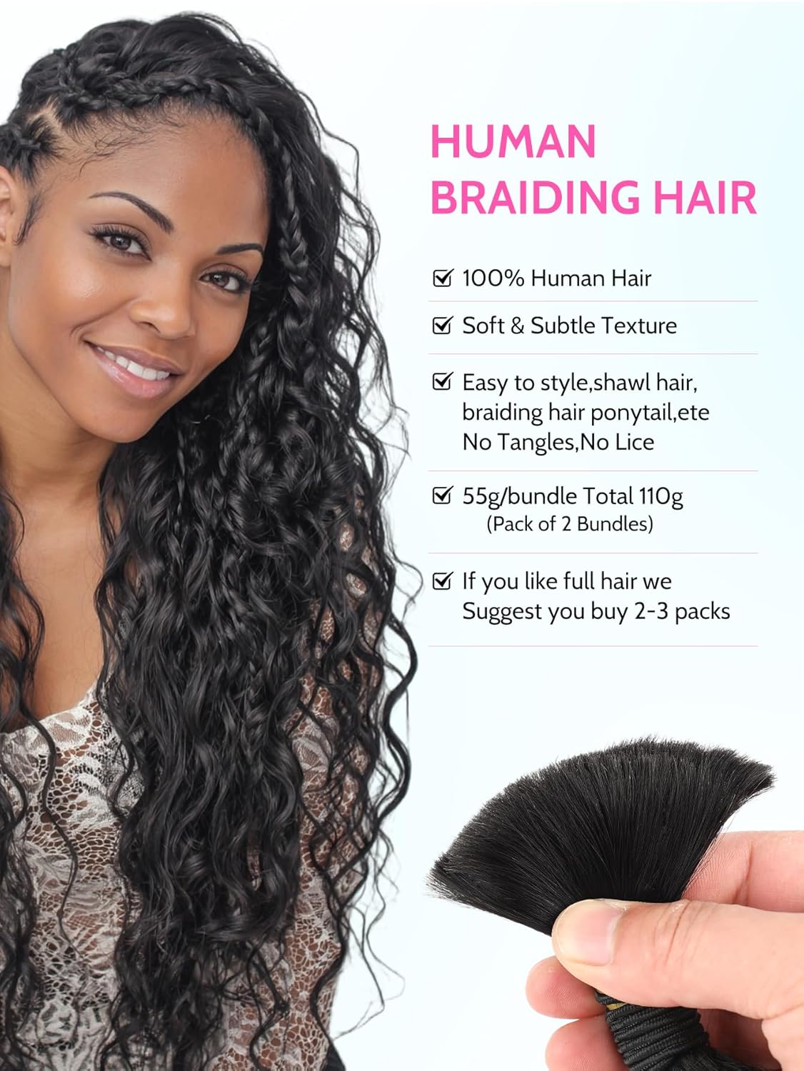 Human Braiding Hair for Boho Braids 110g Deep Wave Curly Bulk Human Hair 2 Bundles 12A Wet and Wavy Extensions for Knotless Bohemian Braids No Weft Natural Black 18 Inch