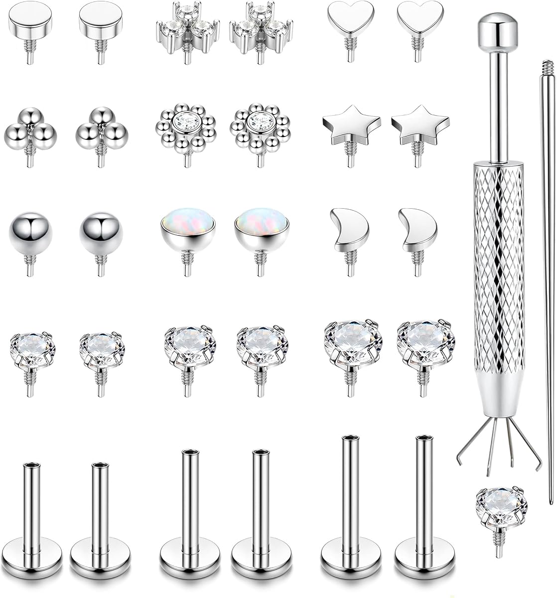 LOLIAS 16G 18G Pendientes de tuerca con parte trasera plana para mujer – Acero quirúrgico hipoalergénico con rosca interna para tragus, hélice, cartílago, caracola, nariz, 0.236 in, 0.315 in, 0.394 in, labio, labret, Medusa