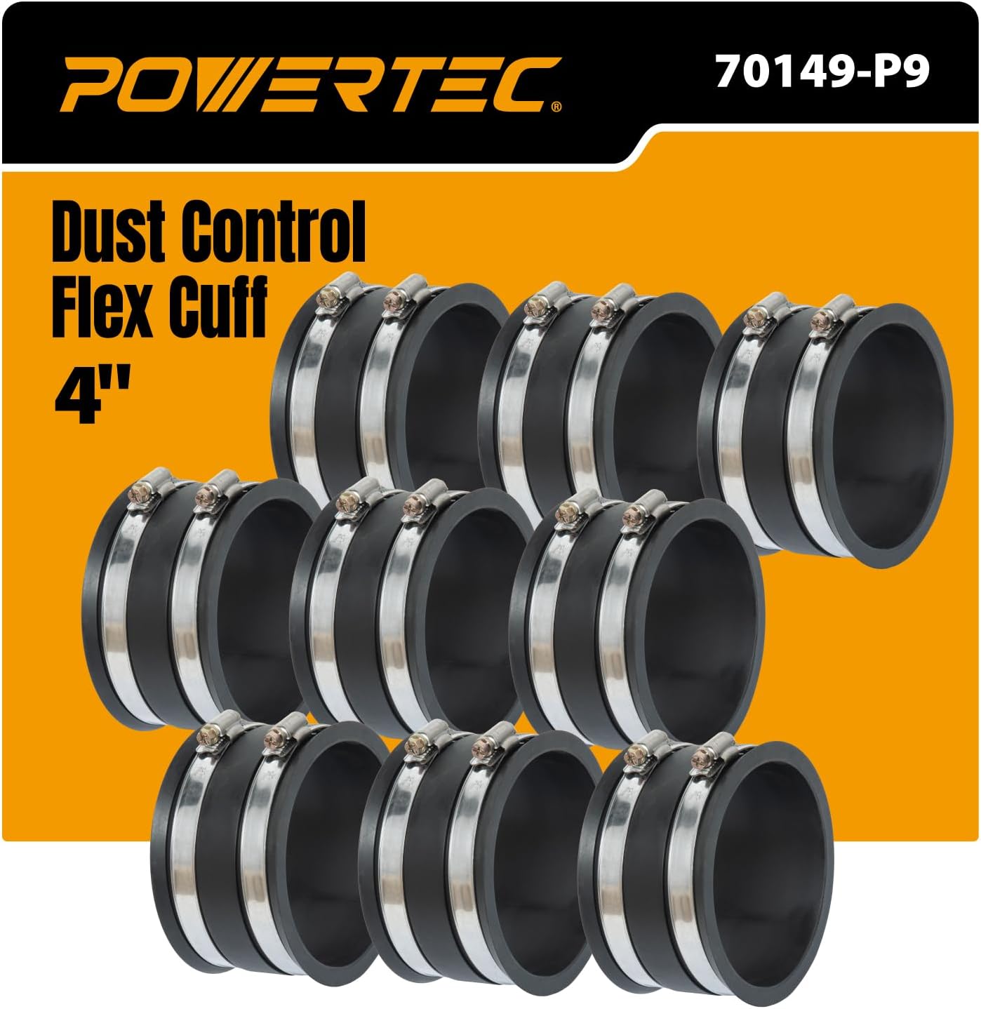 POWERTEC 70149-P9 4 Inch Dust Control Flex Cuff with Steel Hose Clamps, Hose Connector Rubber Cuff Coupler for Woodworking Dust Collection Fittings, Dust Collector Accessories & Machinery, 9 PK