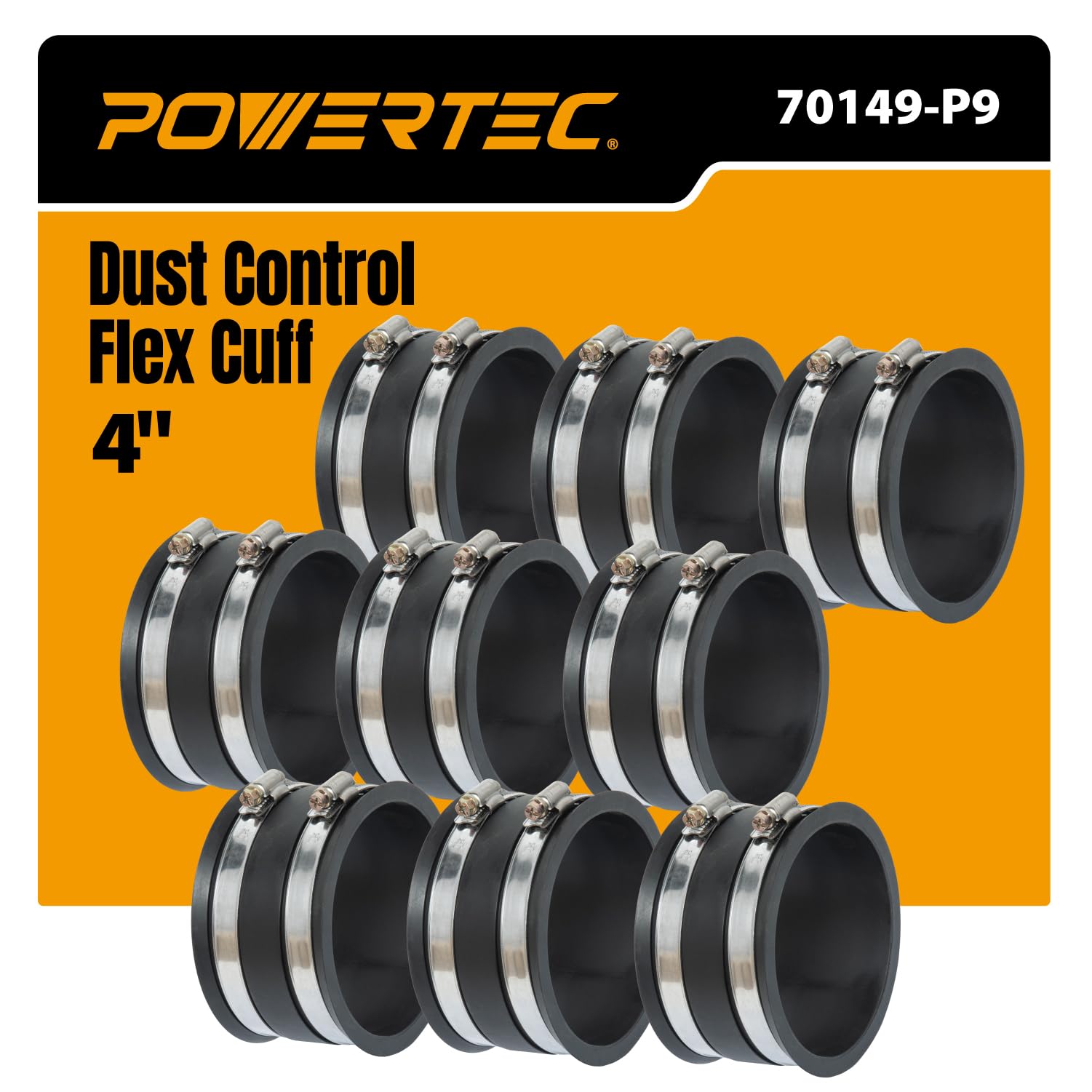 POWERTEC 70149-P9 4 Inch Dust Control Flex Cuff with Steel Hose Clamps, Hose Connector Rubber Cuff Coupler for Woodworking Dust Collection Fittings, Dust Collector Accessories &amp; Machinery, 9 PK