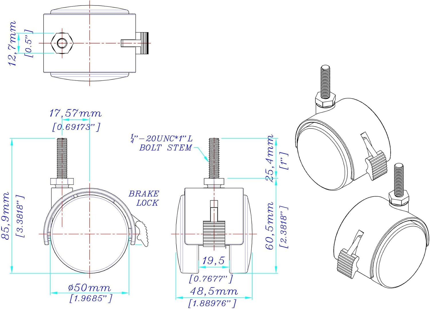 2" Wheel Diameter | Black Nylon Swivel Hooded Samson Twin Wheel Caster with Brake | 1/4-20 x 1 Threaded Stem | Installed mounting Height: 2-5/16''| 4 Pack