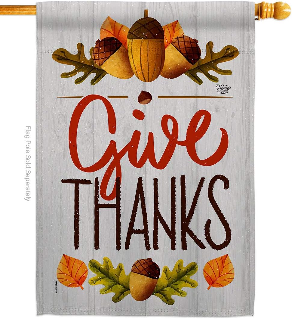 Give Thanks House Flag Falltime Thanksgiving Turkey Gobble Pumpkin Season Autumntime Cornucopia Small Decorative Gift Yard Banner Made In USA 28 X 40