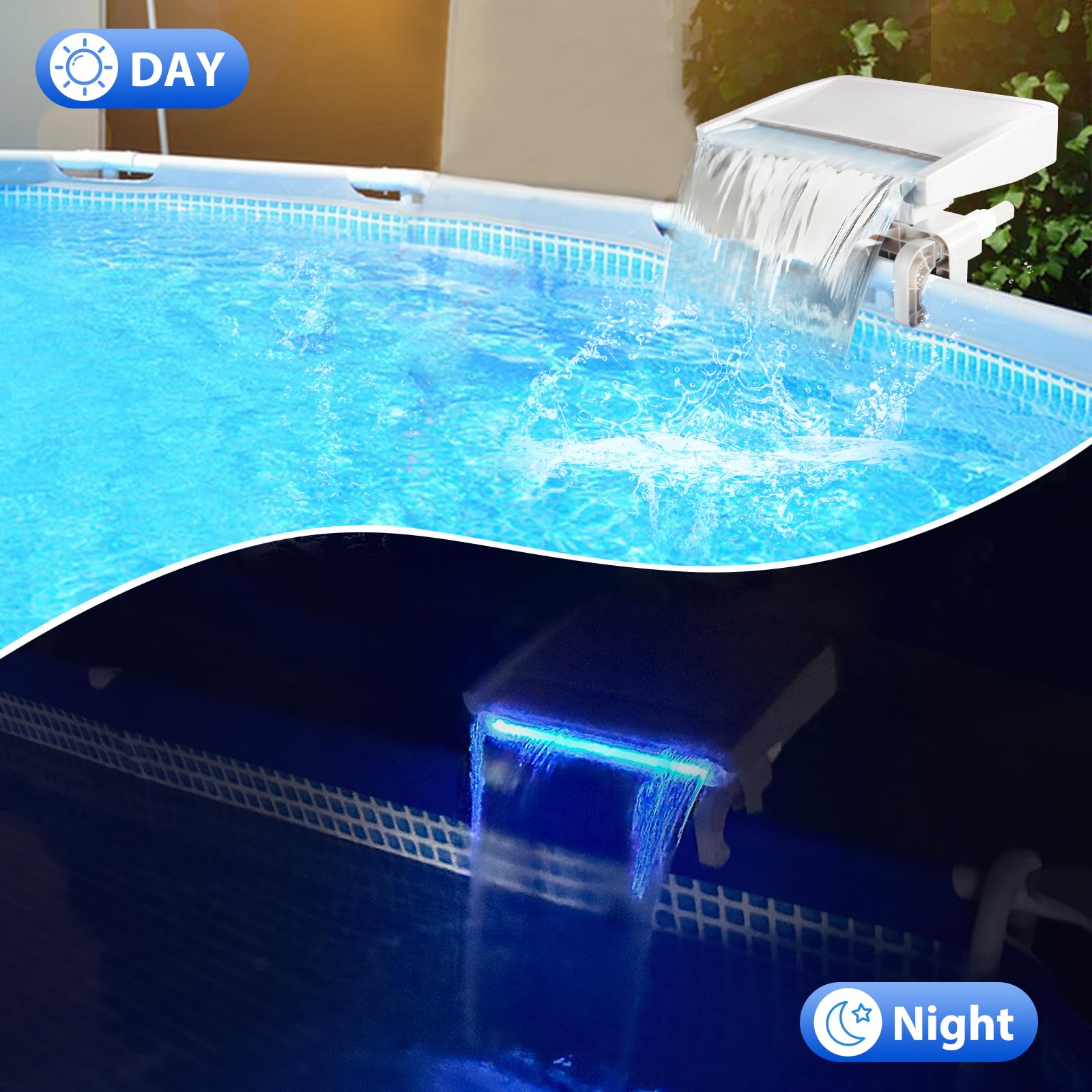 Pool Waterfall Projector Pool Decor Hanaoyo LED Pool Waterfall For Above Ground Pools - 7 Color ...