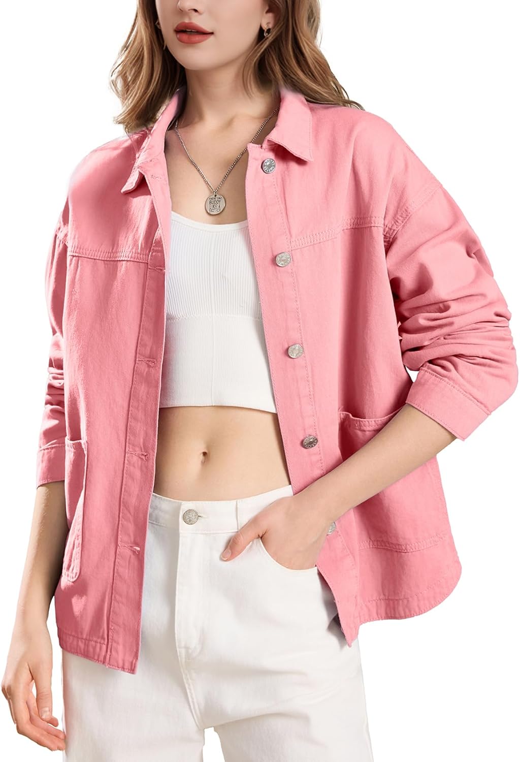 Flygo Casual Jackets for Women Trendy Button Down Fall Jackets Long Sleeve Shirts Shacket Jackets 2025