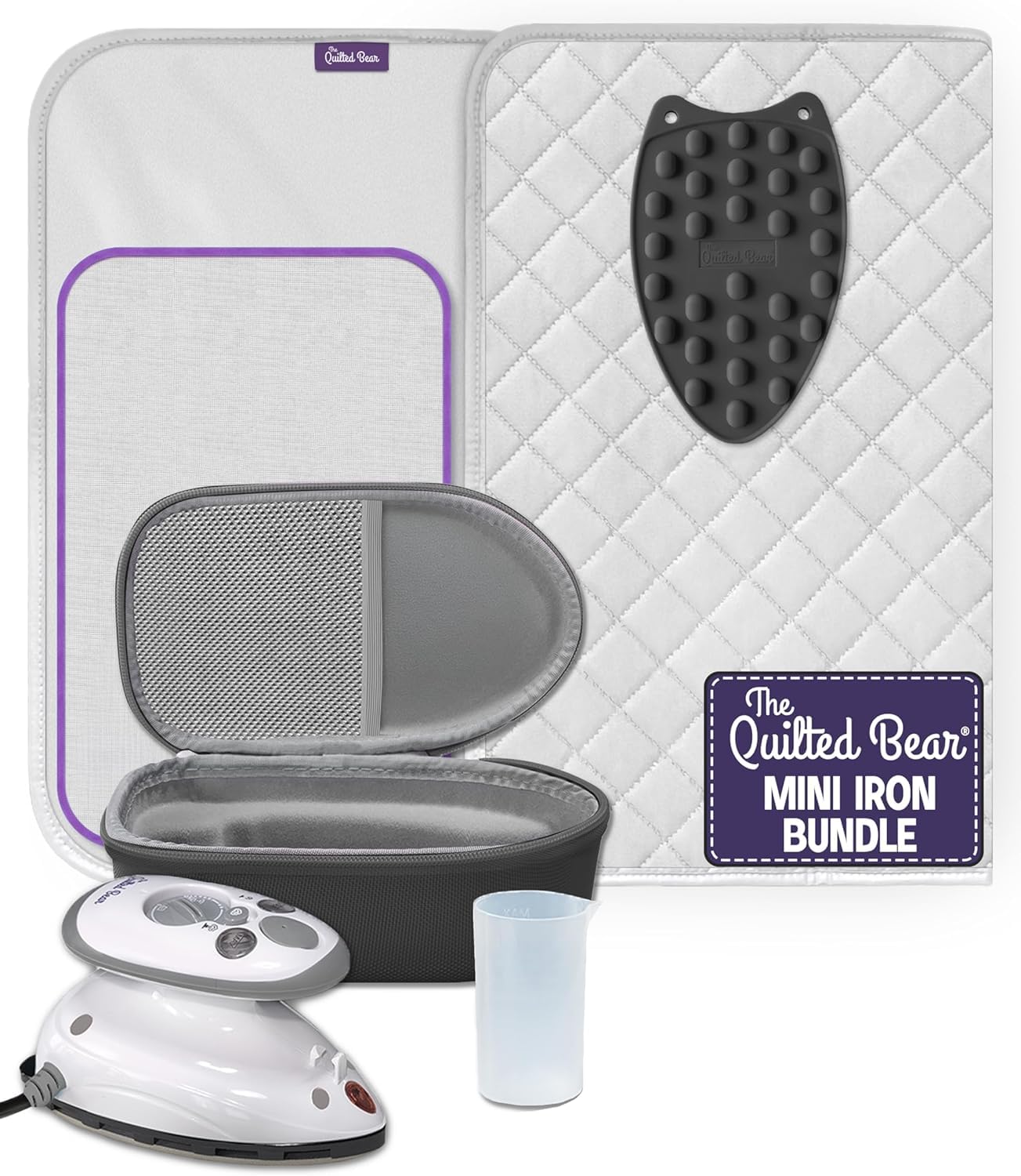 The Quilted Bear Premium Mini Steam Iron Bundle - Steam Travel Iron Mini with Ironing Mat, Hard Case and Rest for Effortless Quilting and Wrinkle-Free Clothing - Holiday & Travel Essentials (Black)