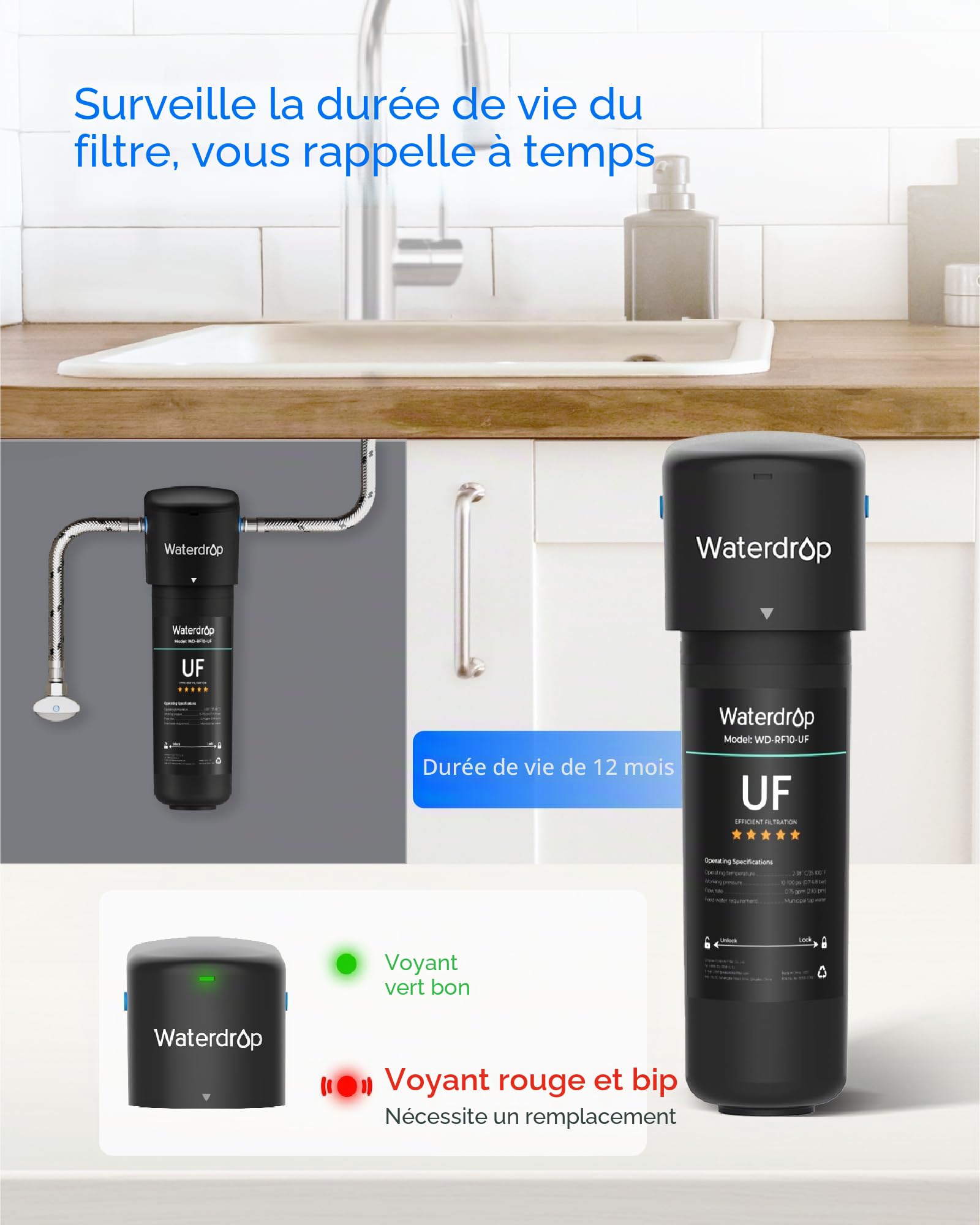 Waterdrop 10UA-UF Filtre à Eau 0.01 μm Sous Évier, Élimine le Plomb, le Chlore, les Odeurs et les Impuretés, Capacité du Filtre 41600 Litres, Connexion Directe au Robinet de Cuisine