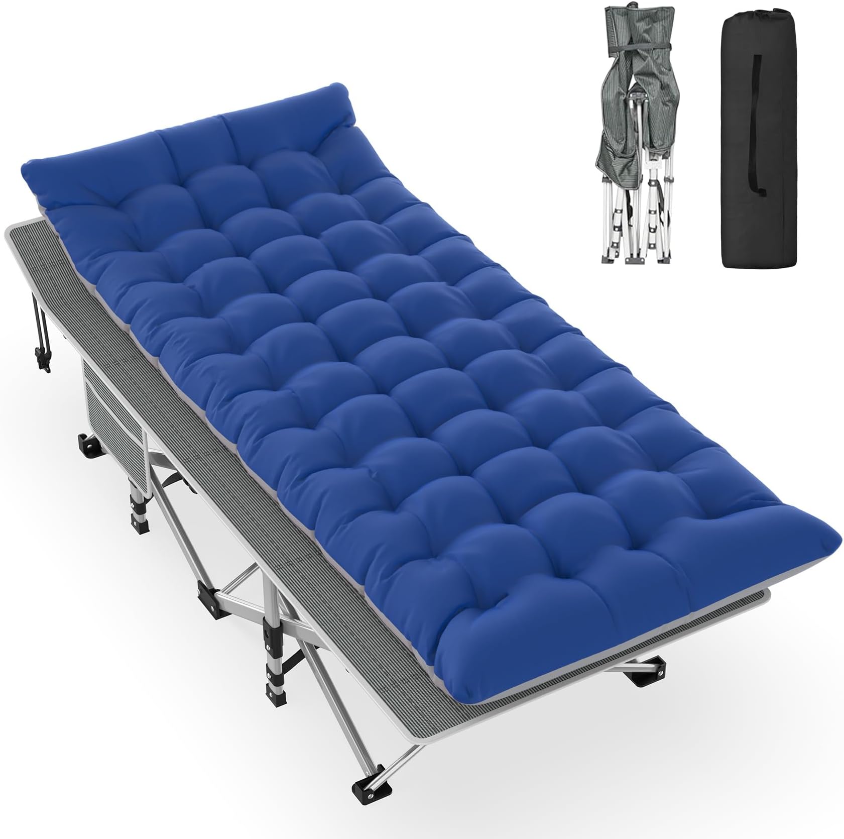 Slendor Folding Camping Cot with Mattress for Adults,74”L x 28”W x 15”H, Portable Sleeping Cot Bed for Tent, Office, Camping, Outdoor, Striated Gray Cot,Gray+Blue Pad,500lbs Load