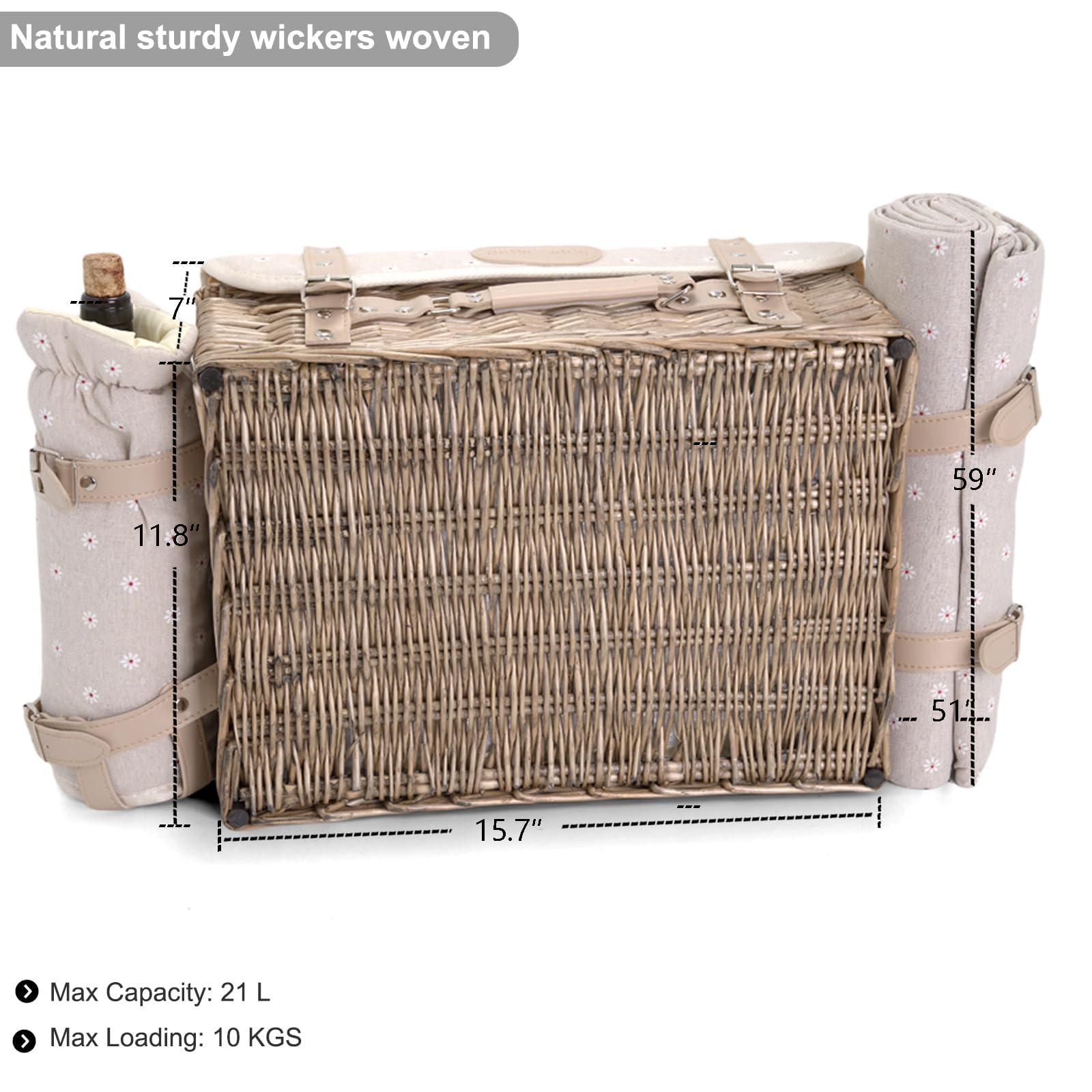 Set di cestini da picnic in vimini per 2 persone con coperta e tavolo da picnic isolato