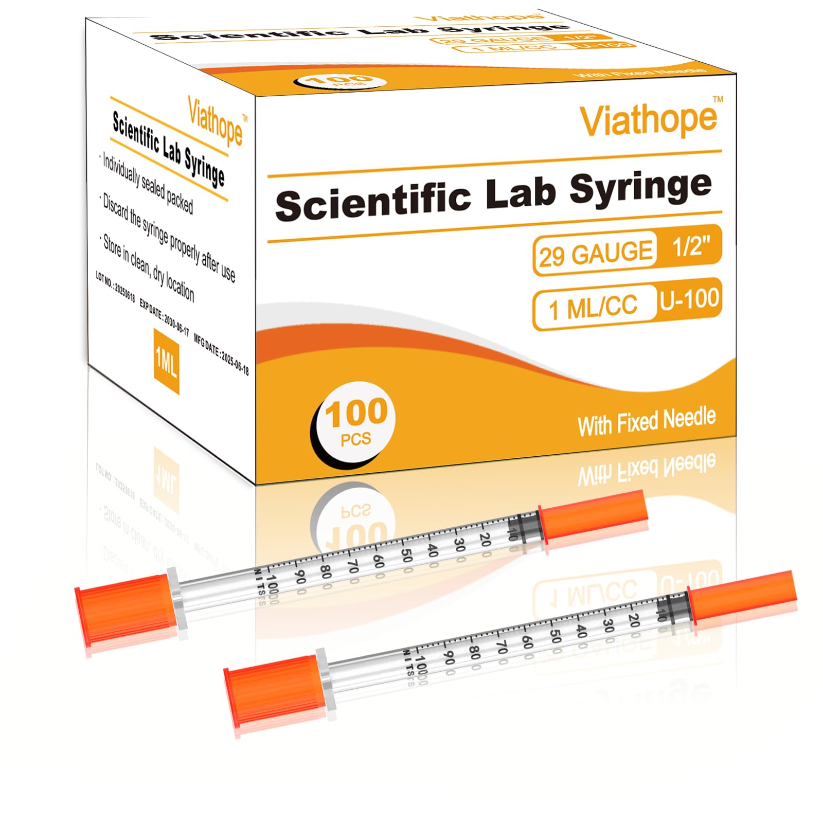 U-100 Syringes with Needle 1ml/cc 29G 1/2'' Disposable Syringe, Individual Wrapped, 100 PACK