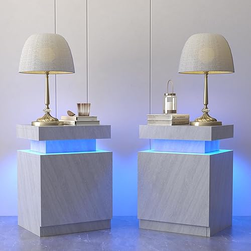 Miniatura 13 de oneinmil Juego de 2 mesitas de noche LED, mesita de noche con armario de almacenamiento para dormitorio, mesita de noche con luces LED, mesa