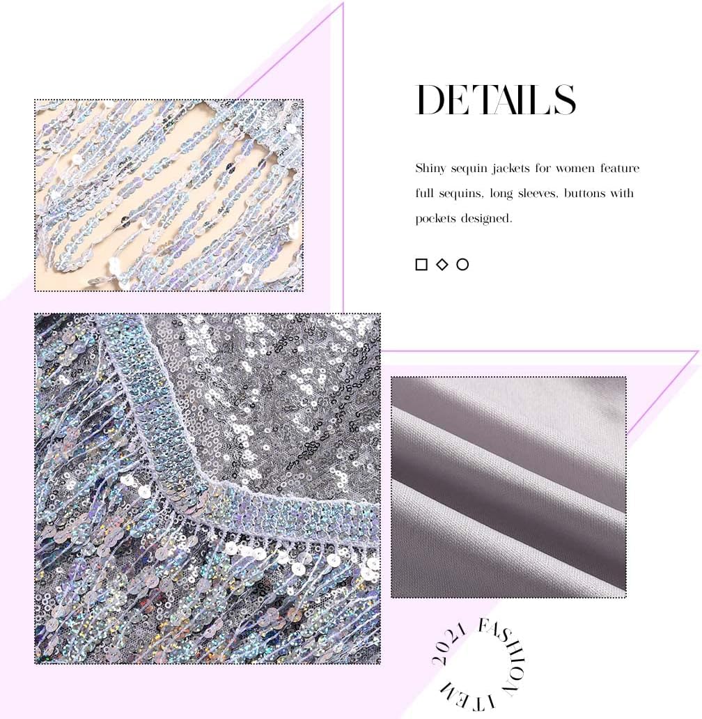 Edary Women's Sequin Jacket Coat Sparkly Long Sleeve Tassel Blazer Fringe Party Club New Years Eve Sequin Jackets - Image 5