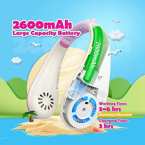 Miniatura 10 de Ventilador de cuello para niños, ventilador de cuello portátil sin aspas para niñas y niños de 4 a 14 años, recargable por USB, 2600 mAh, funciona