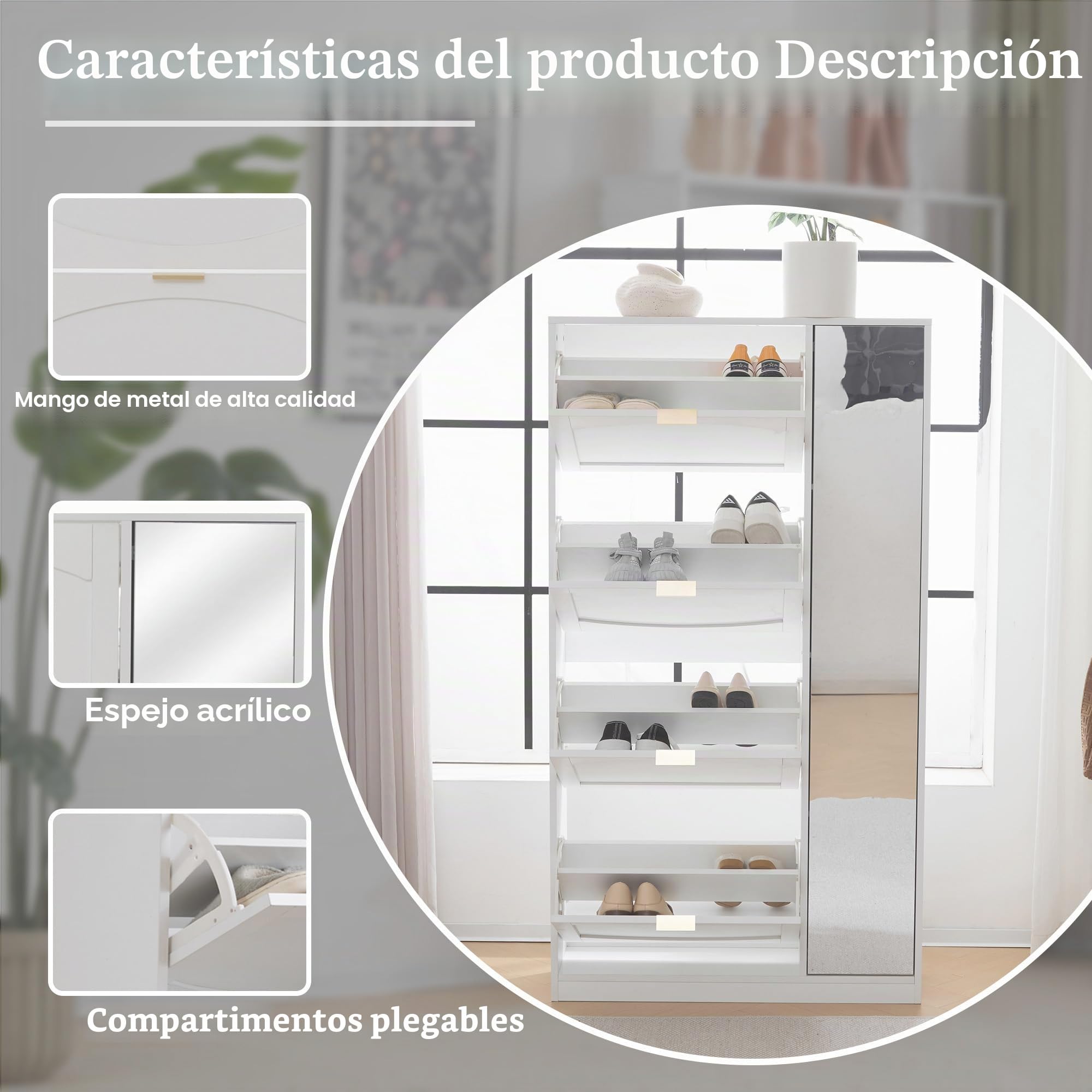 SACOOL Zapatero moderno con espejo, 4 compartimentos de almacenamiento plegables, estante ajustable detrás del espejo derecho, ideal para el pasillo, color blanco, tamaño: 80 x 147 x 24 cm