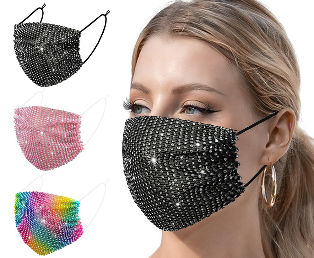 Auriviz 3 Pcs Multi Color Women Music Party Christmas Party Decorations Cute Mesh Crystal Sequin Face Mask Halloween Christmas Birthday Gifts Breathable Sequin Fabric Mask