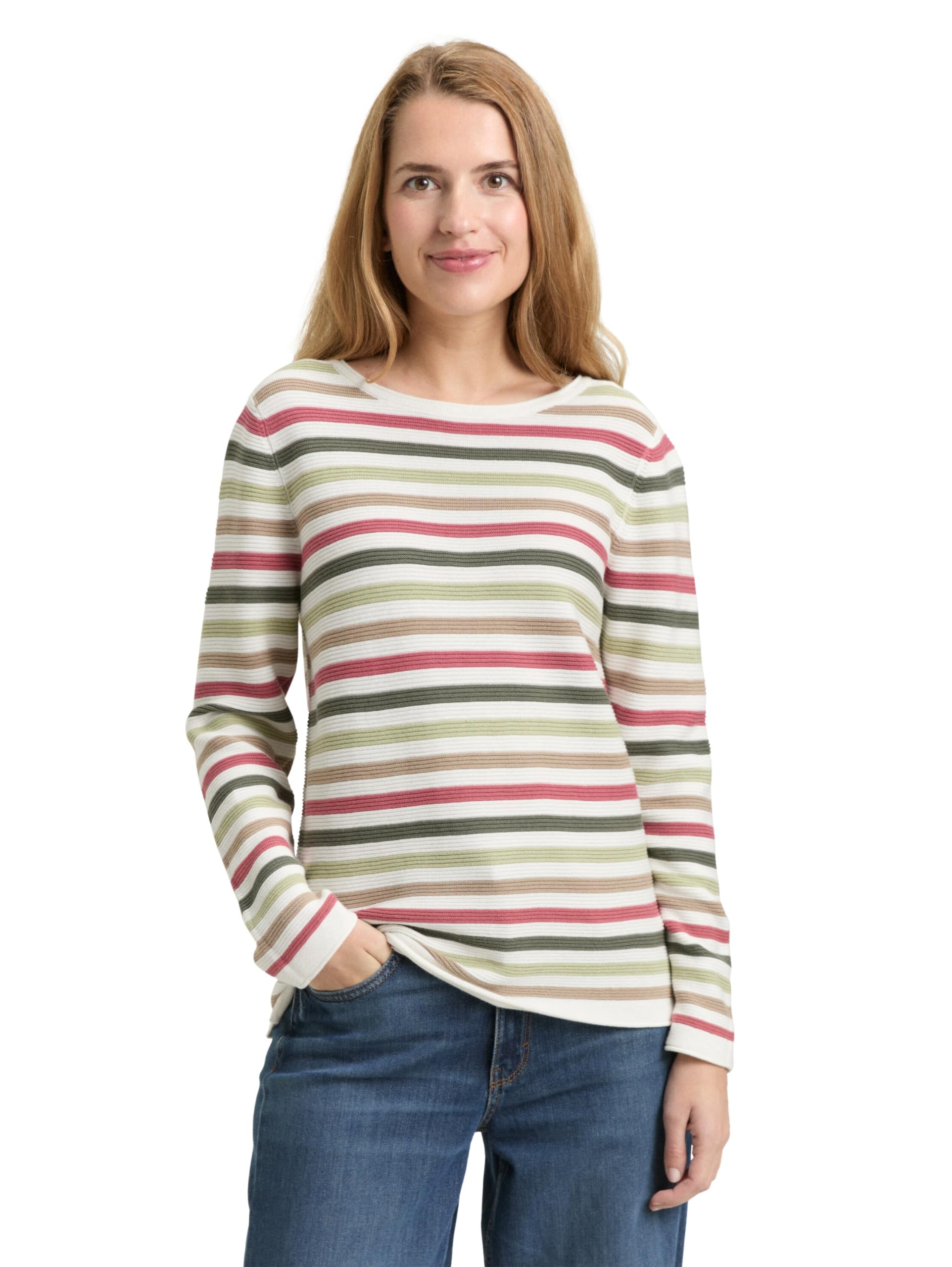 Tom Tailor Damen 1016350 Pullover, 39425 - Cloudy Green Pink Stripe, XL EU