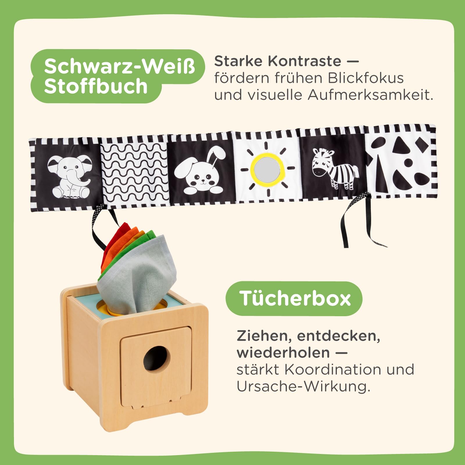 Nene Toys Montessori Baby Spielzeug 0–6 Monate – 7-in-1 Sensorik Holz Lernbox mit Schwarz-Weiß Stoffbuch, Tücherbox, Regenbogen Dreh-Trommel, Sensorikbällen, Beißring & Rassel – Neugeborenen Geschenk