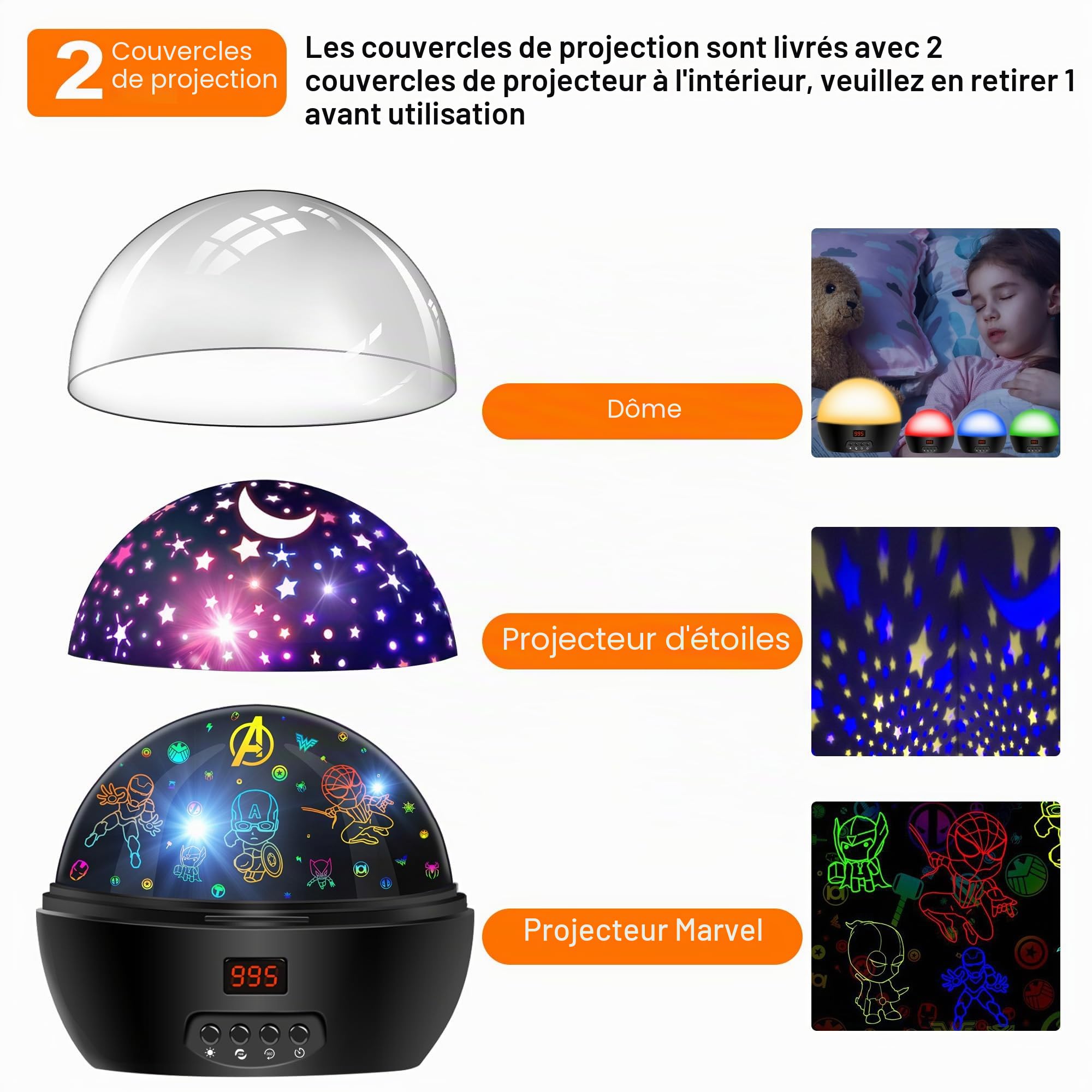 MOKOQI Projecteur de lumière Avengers - Veilleuse pour enfants 5-7 ans, minuterie, rotation 360°