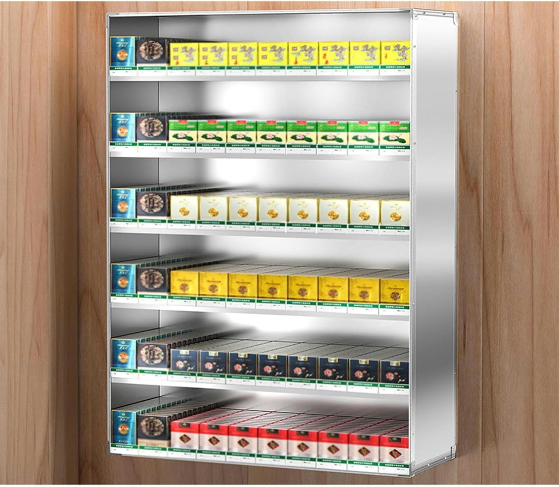 Exhibición de tabaco montado en la pared con estante de aluminio