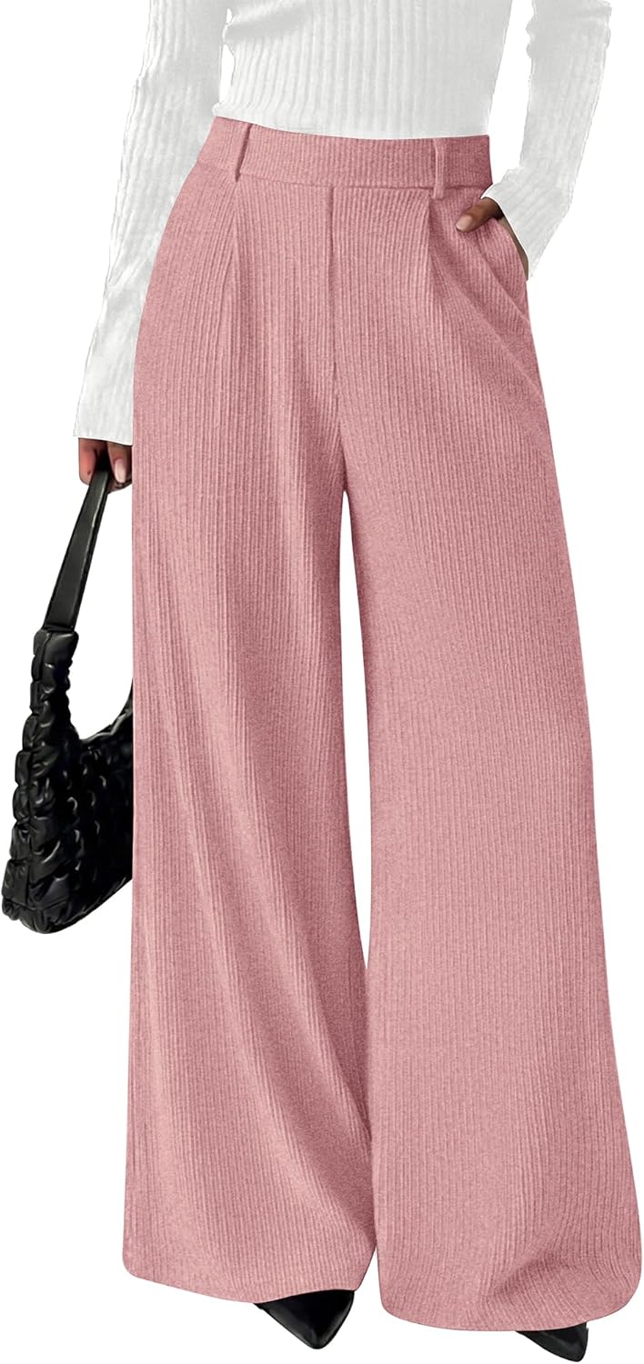 BTFBM Wide Leg Pants for Women Dressy Work Business Casual Elastic High Waisted Trousers Ribbed Lounge Palazzo Pants