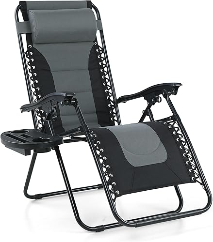 MFSTUDIO Silla reclinable acolchada de gravedad cero, silla plegable para patio con almohadas ajustables y portavasos para patio trasero junto a la