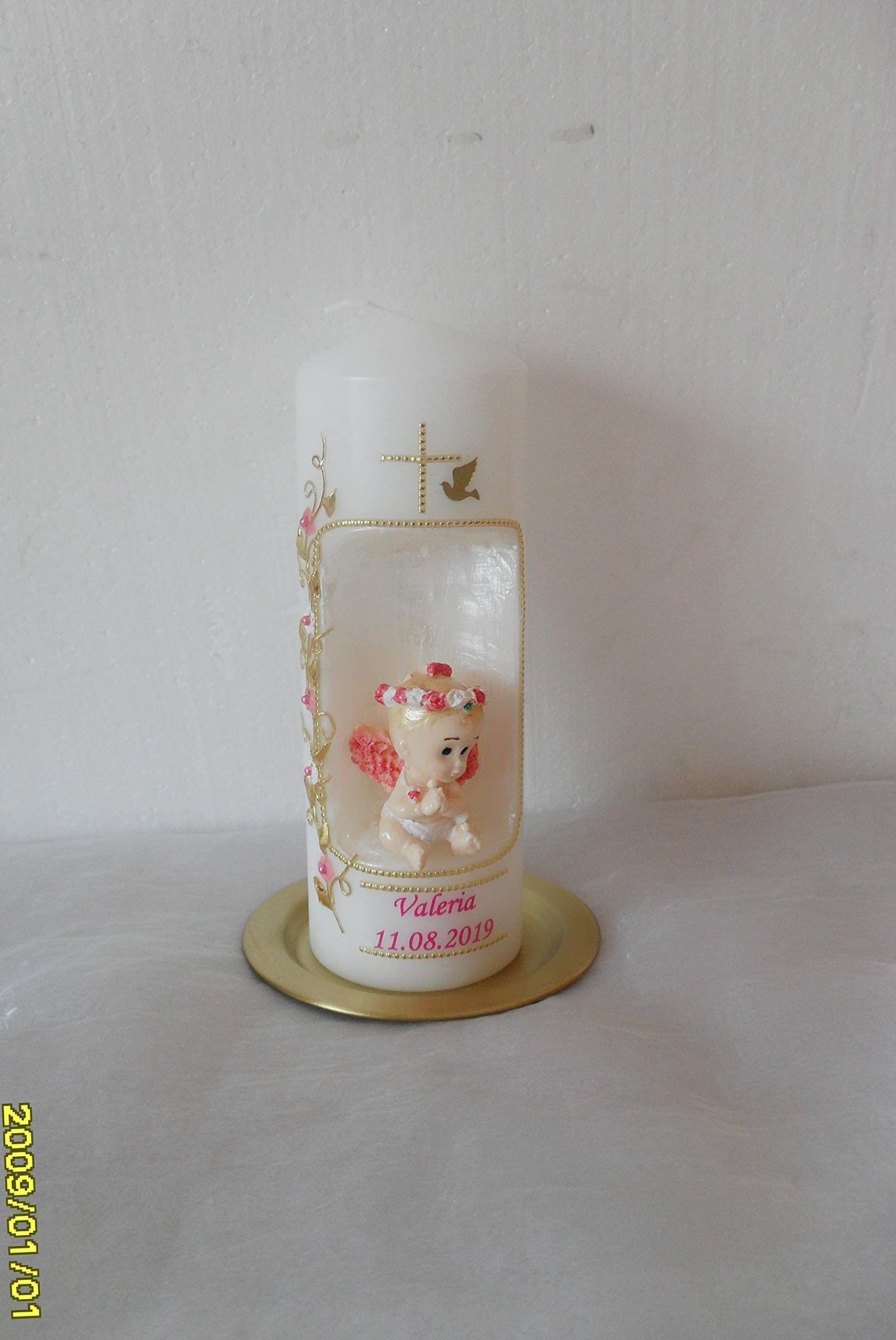 Taufkerze/Kommunionkerze,Konfirmationskerze, Patenkerze,Taufgeschenk 3D Engel inkl.Name,Datum Junge Mädchen