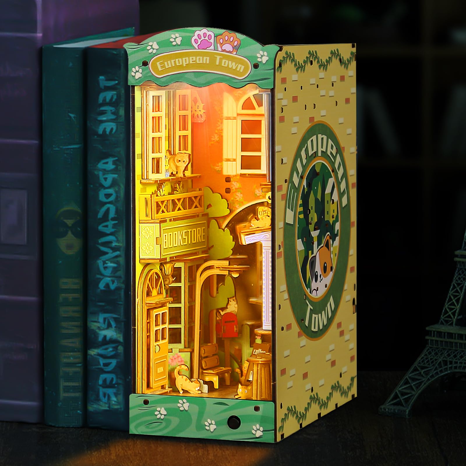 Lannso DIY Book Nook Kit, DIY Dollhouse Booknook, Library Booknook 3D Wooden Puzzle Bookends, Book Nook Miniature Kits with LED Light for Adults(SL6-A