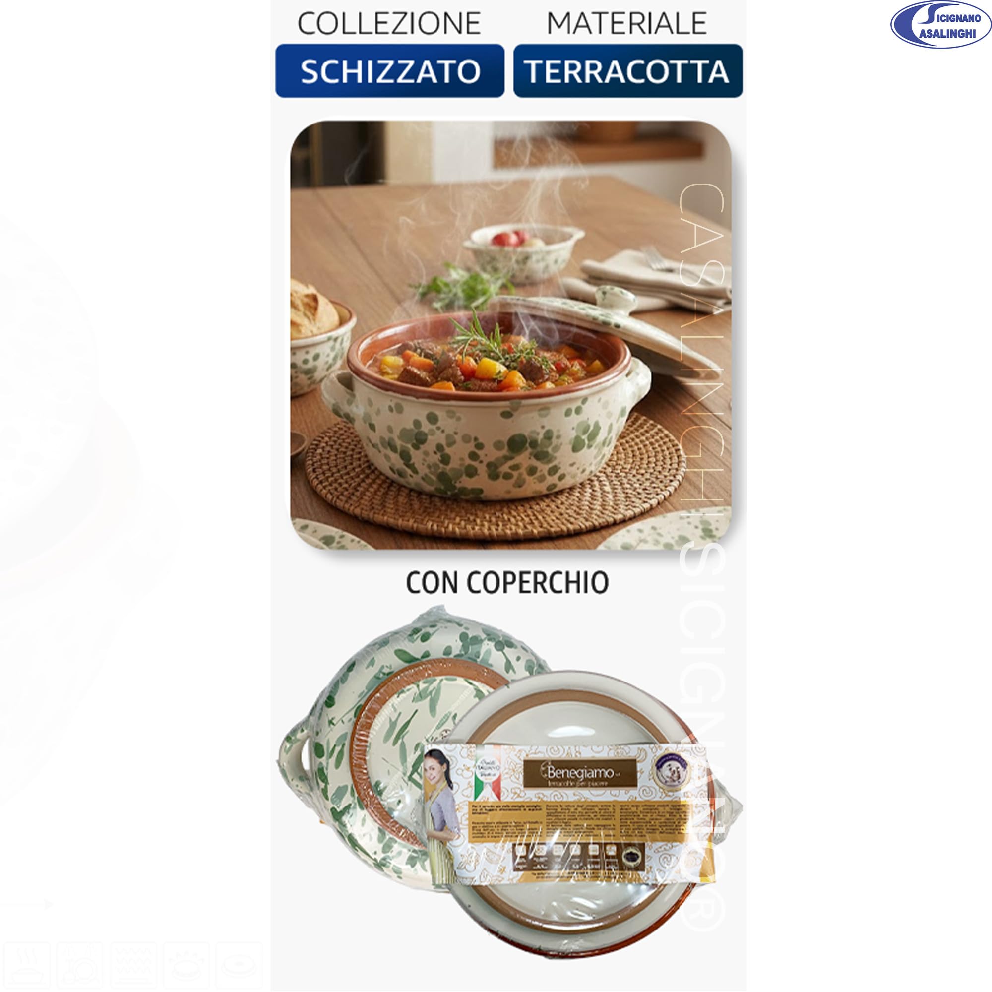 Sicignano Casseruola Terracotta 24 cm con Coperchio, Linea Familia, Made in Italy per Cucina Sana, Adatta a Forno e Gas, Salvia e Salvia Scuro