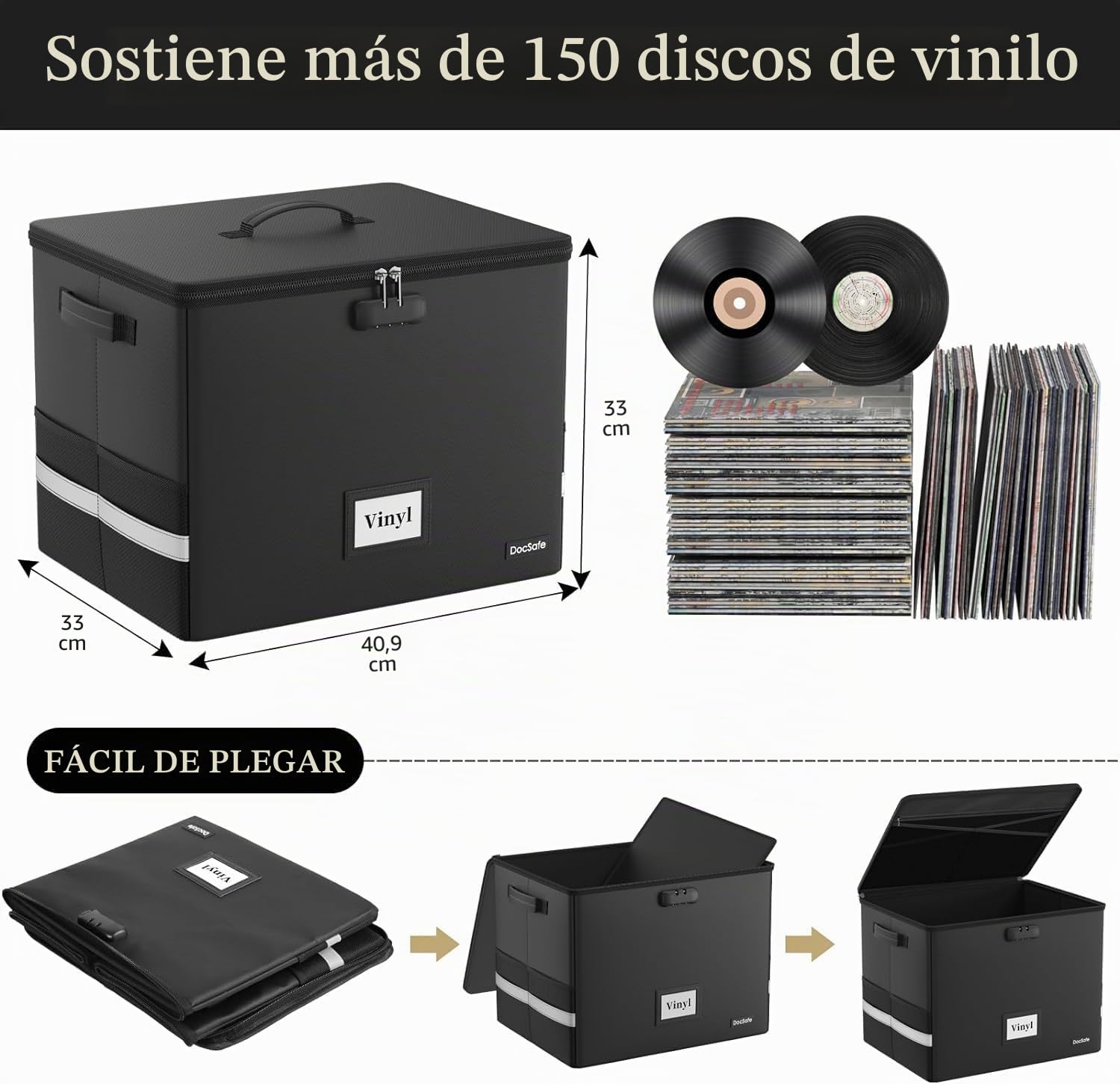 Caja de almacenamiento de disco de vinilo ignífuga e impermeable con cerradura, para discos de 12 pulgadas con capacidad para hasta 150 unidades individuales
