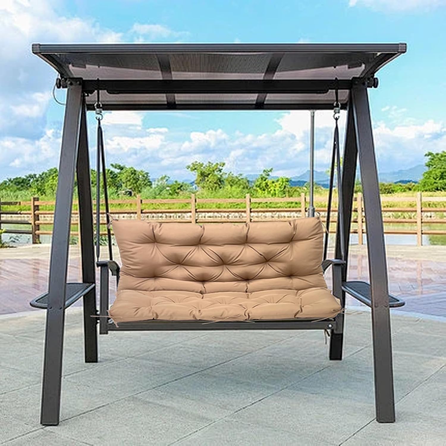 Porch Swing Cushions, Waterproof Outdoor Swing Cushions with Ties, Thickened Three Seat Swing Replacement Cushions with Backrest, for Porch Patio and Garden (Khaki, 48 x 40 inch)