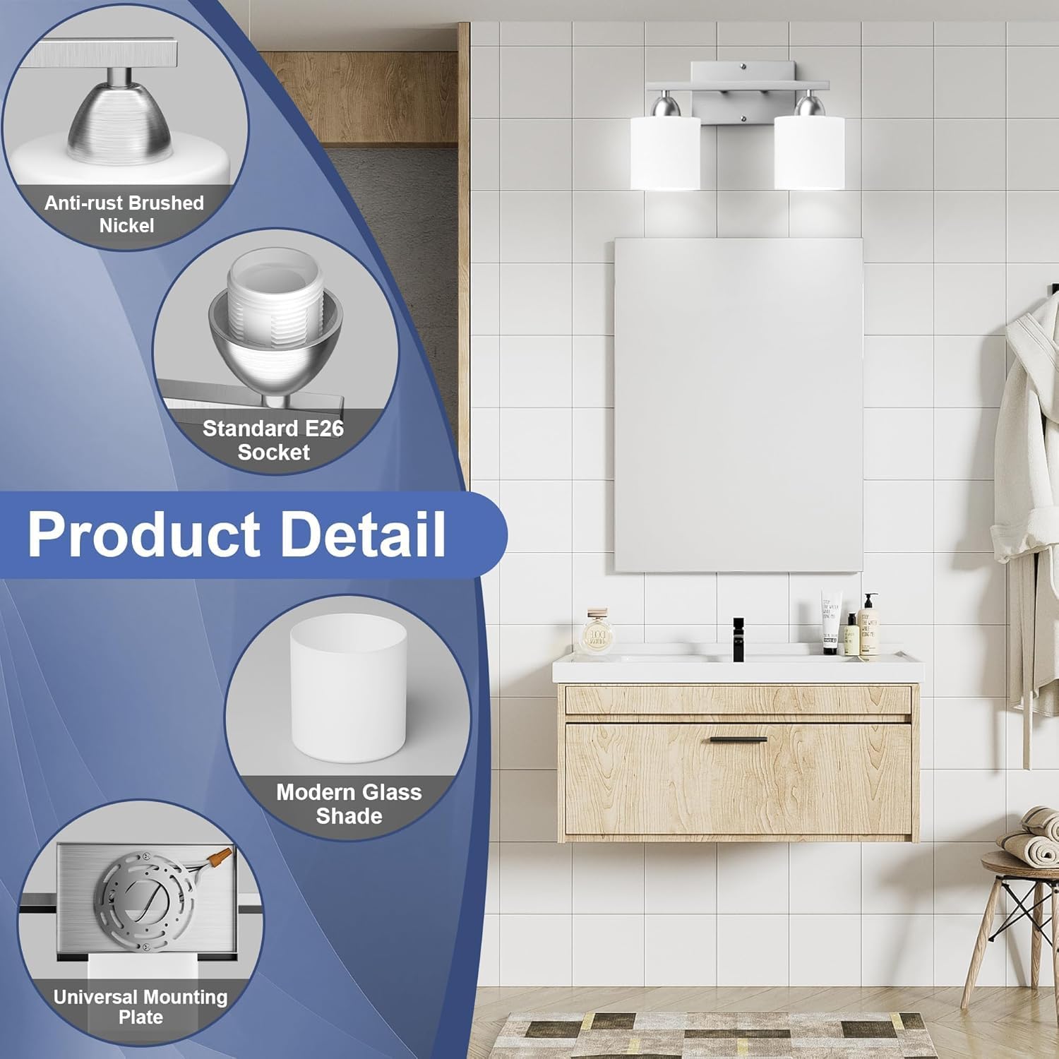 Bathroom Lighting Fixtures Over Mirror Brushed Nickel, Anti-Rust 2-Light Bathroom Vanity Lights, Modern 18Inches Wall Sconces E26 Base, Milky White Glass Shades, Bulbs Not Included