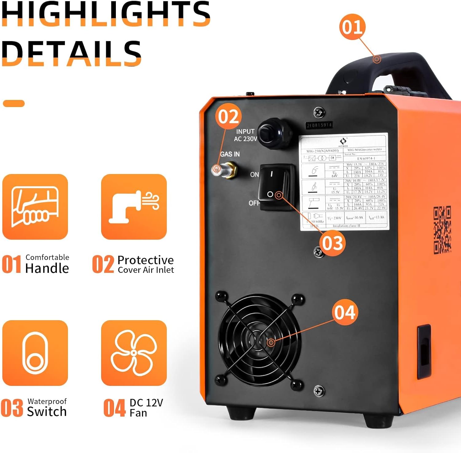 Rear panel of the HITBOX MIG250 welder showing power input, gas inlet, power switch, and cooling fan.