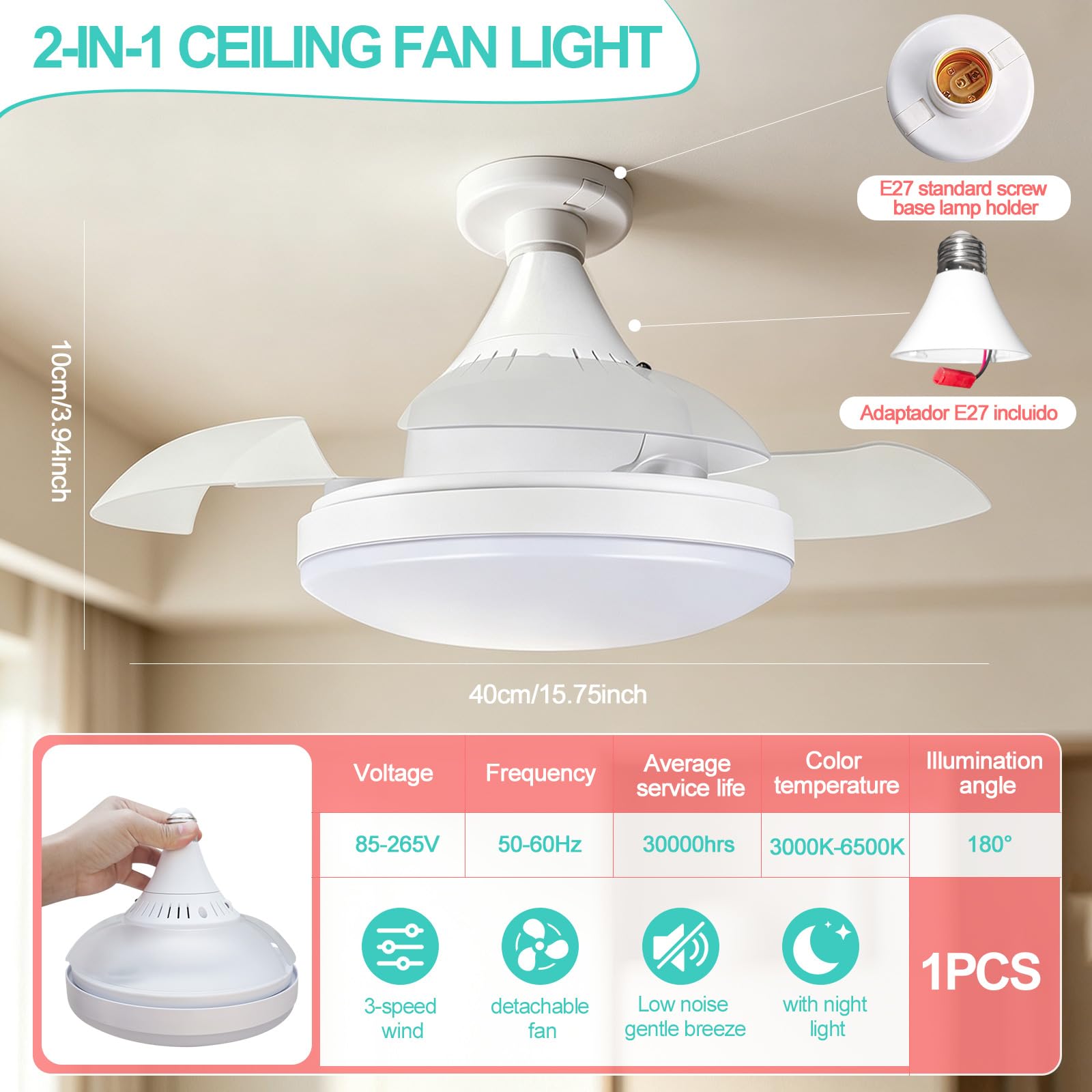 Ventilatore da Soffitto con Luce E27 40cm, Adattatore E27 Incluso, Lampada Ventilatore LED Silenzioso 20-30dB con Telecomando, Dimmerabile 12 Livelli & 3 Colori, Timer 2h/4h, per Camera Cucina 15-20m²