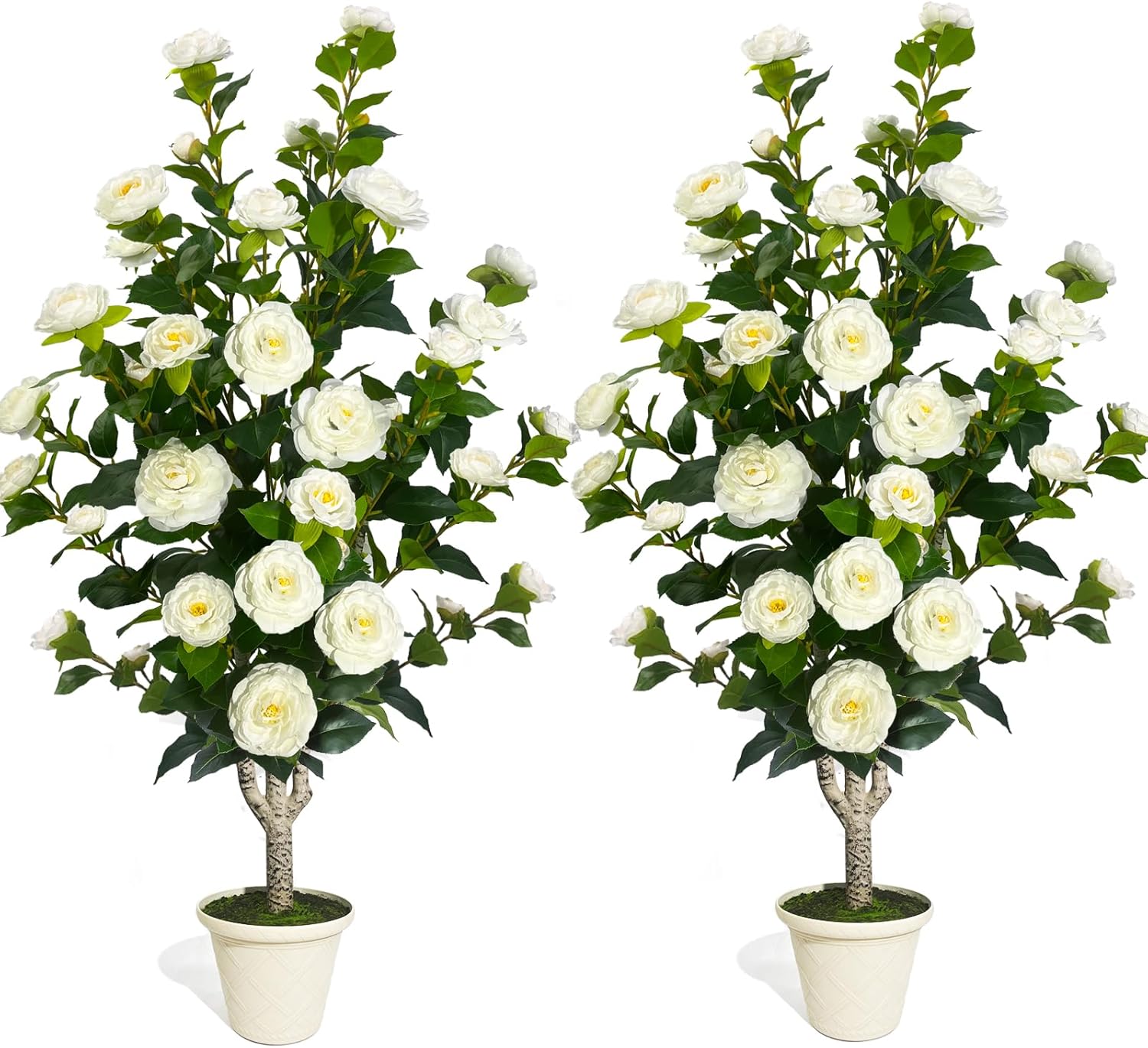 2 Pack Artificial Camellia Tree 43" Fake Tree with 36 Blooming Flowers; 3.6FT Faux Tall Camellia Plants in White Pot,Greenery Potted Plant for Indoor & Outdoor Home Office Porch Decor (White)