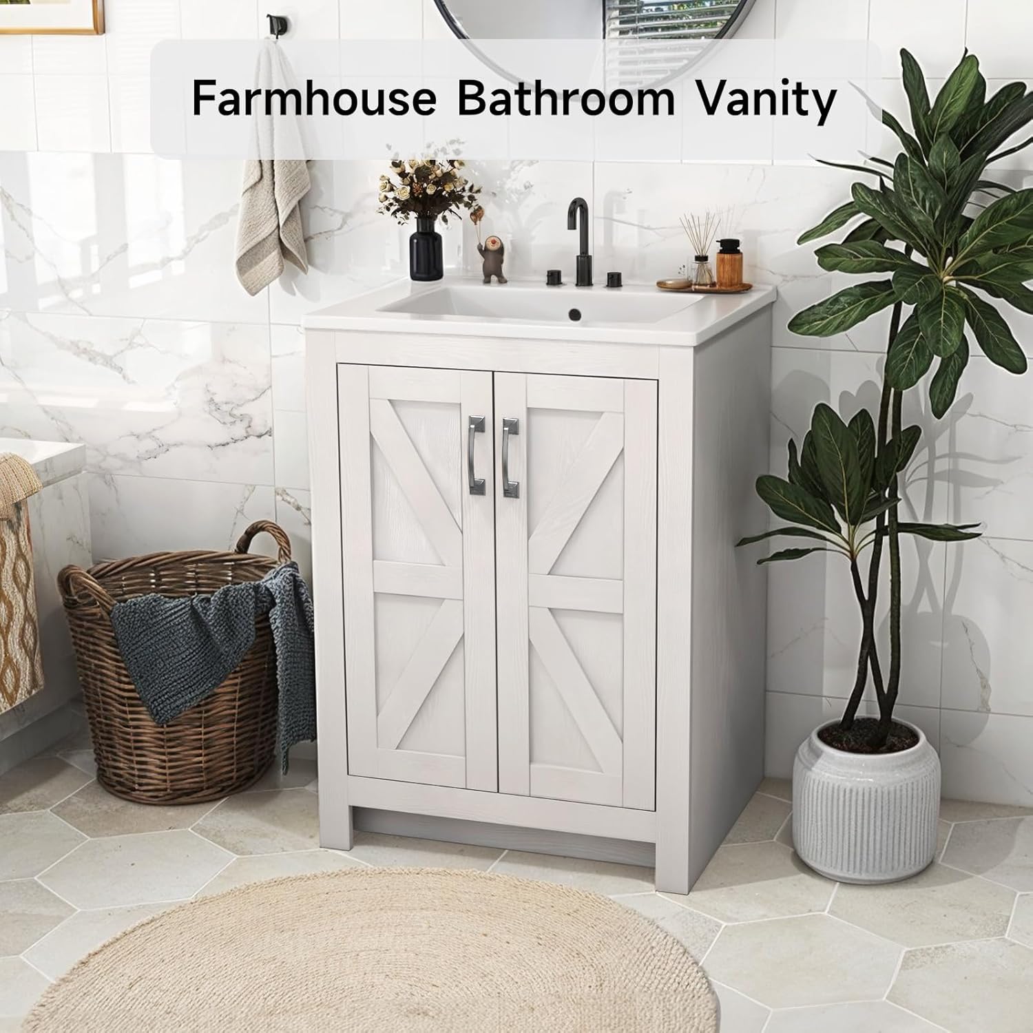 Modernmate Bathroom Vanity with Ceramic Sink, 24 Inch Bathroom Vanities with 2 Soft-Close Door & Metal Handle, Modern Single Sink Vanity with Adjustable Shelf, Thickened Wood Storage Cabinet