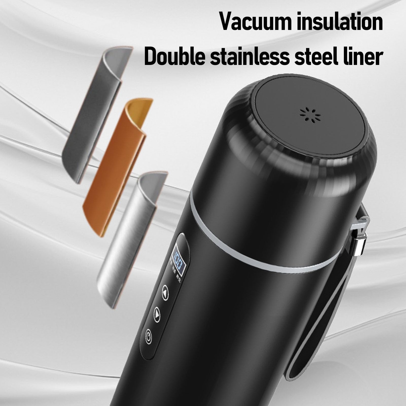 Taza térmica portátil para coche de 500 ml, hervidor eléctrico de viaje de 12 V y 24 V, calentador de agua de acero inoxidable 316 para automóvil y camión, taza de café con (Negra)