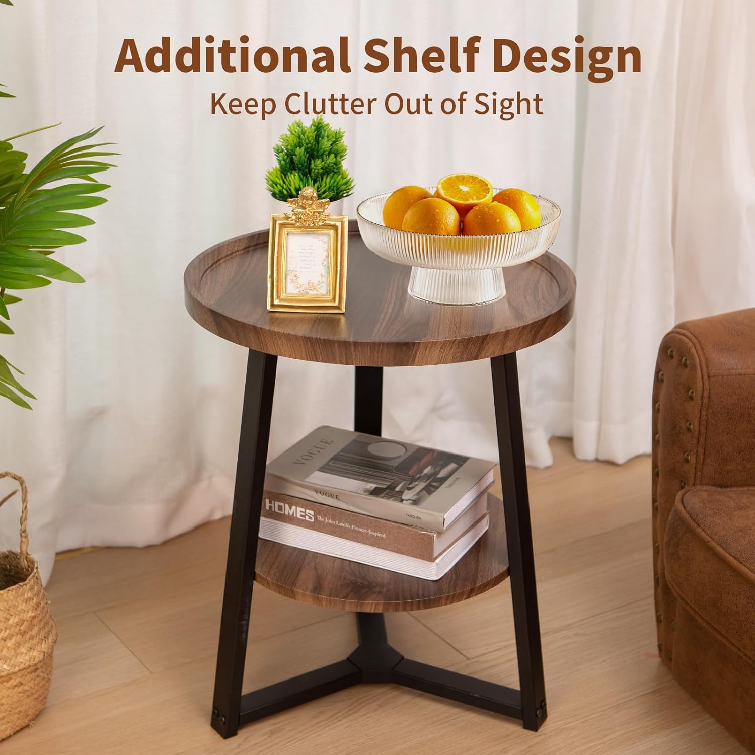 Side Table, 2-Tier Round End Table for Living Room, Small Nightstand Wooden Bedside Tables with Storage Shelf, 19.5-Inch Circle Accent Table for Bedroom, Office, Apartment (Walnut)