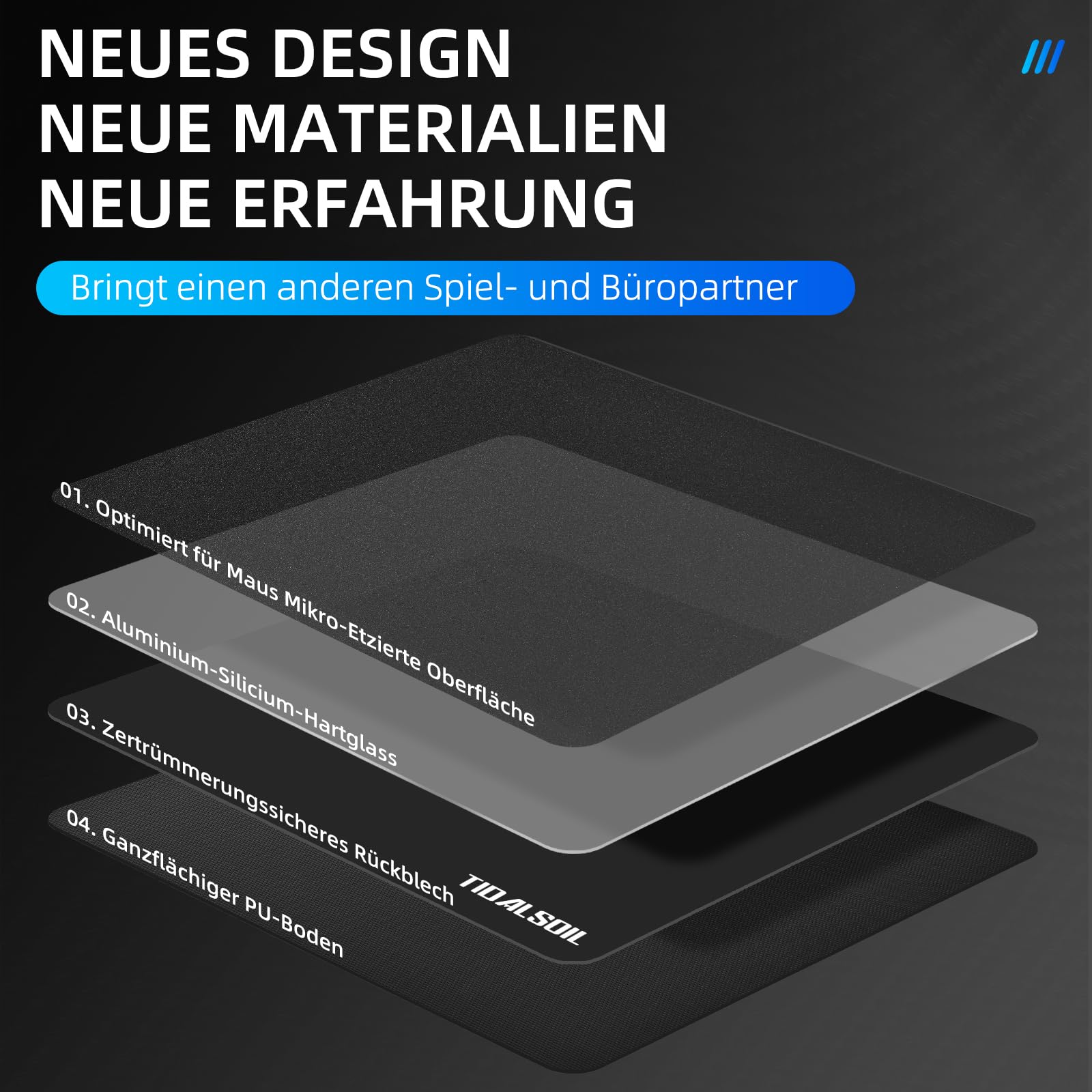 TIDALSOIL Glas Mauspad Gaming, Gehärtetes Glas Mousepad mit Mikrogeätzter Oberfläche, Ultra Smooth & Geräuscharm, Rutschfestes Hard Mouse Pad für FPS & MOBA, Schwarz 45 x 40 cm