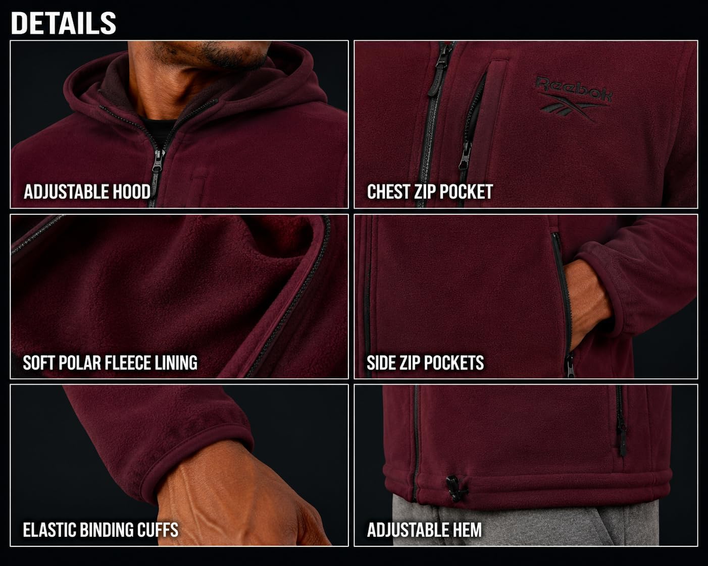 Reebok Mens Fleece Jacket - Lightweight Polar Fleece Zip Up Winter Jackets for Men - Gym Workout Running Outdoor Mens Jacket