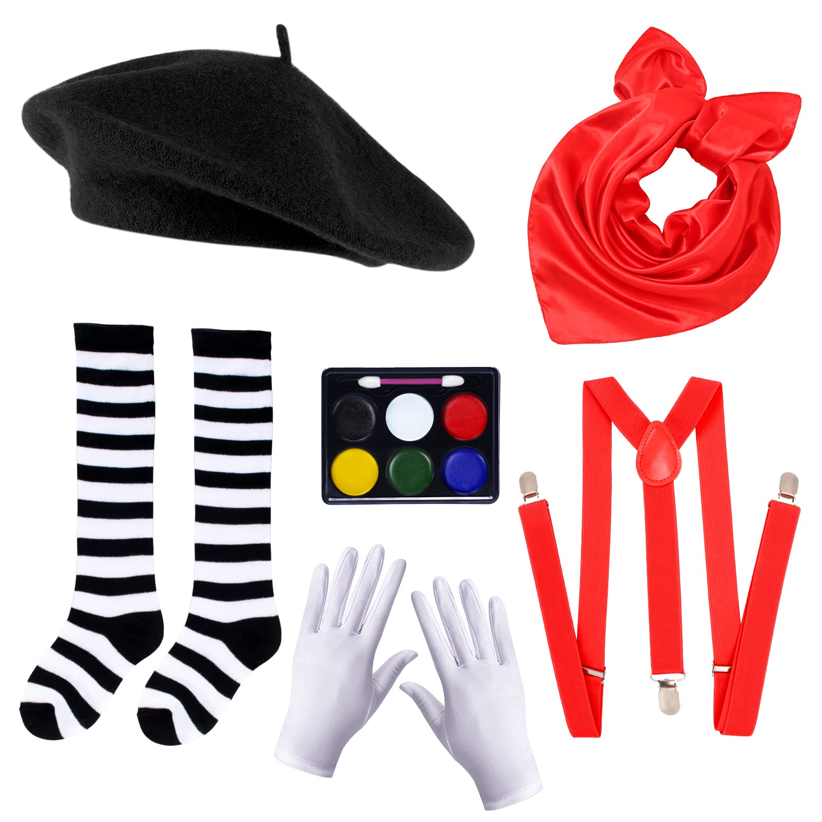 KeymallKids Mime Artist Accessories 6Pcs with Beret Hat Suspender Scarf Gloves Face Paint Socks for Halloween mime Costume