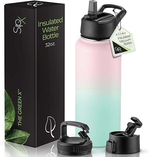 Miniatura 59 de SipX™ - Botella de agua de acero inoxidable de 40 onzas con triple aislamiento térmico, 3 tapas, reutilizable y sin bisfenol A, mantiene las bebidas