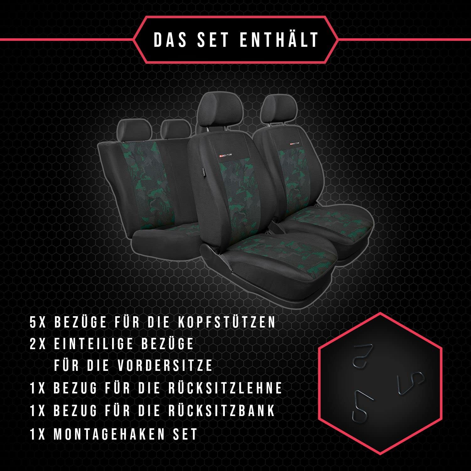 3er Set Autositzbezüge PKW universal | Auto Sitzbezüge Polyester Grün für Airbag geeignet | für Vordersitze und Rückbank | 1+1 Autositze vorne und 1 Sitzbank hinten teilbar 2 Reißverschlüsse