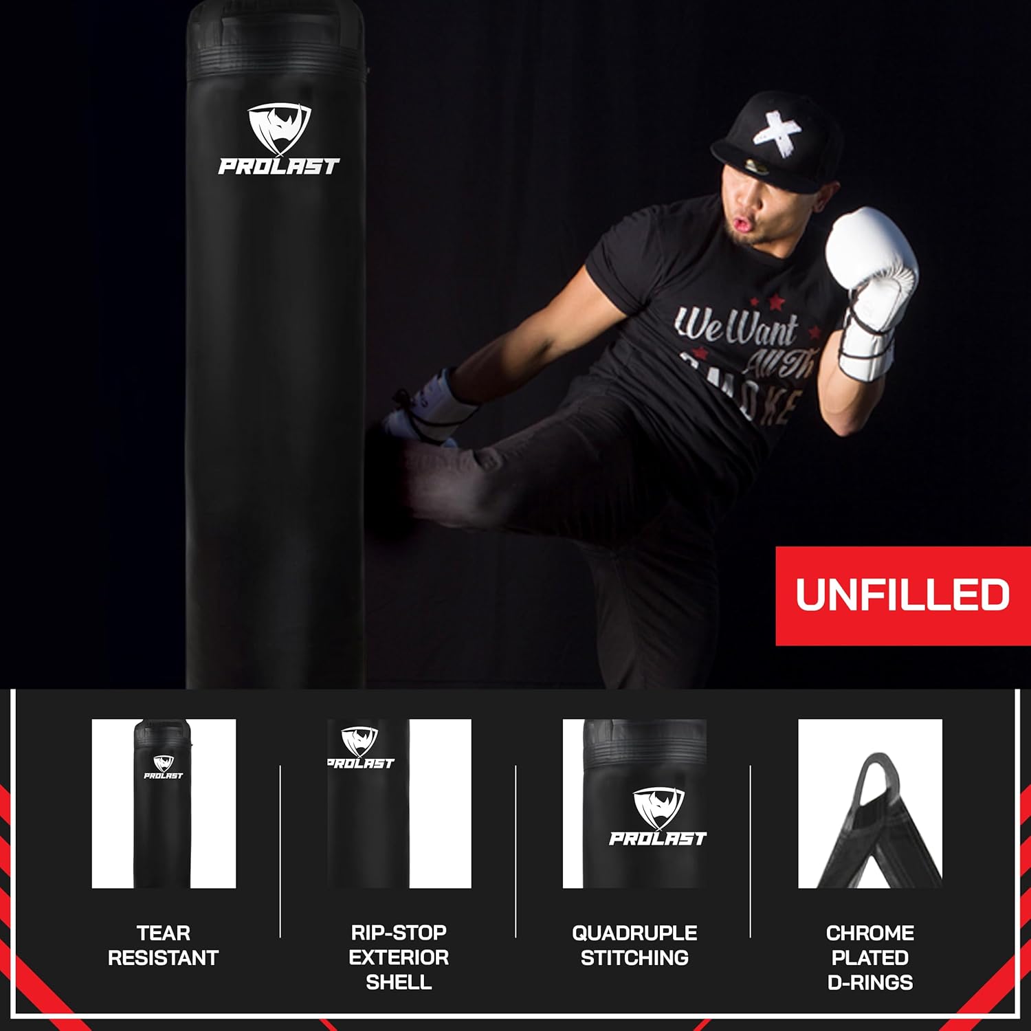 PROLAST Heavy Punching Kicking Bag for Adults, Boxing, MMA, Martial Arts, Muay Thai, Strength Training Equipment, Filled or Unfilled, 5ft, 100 lbs