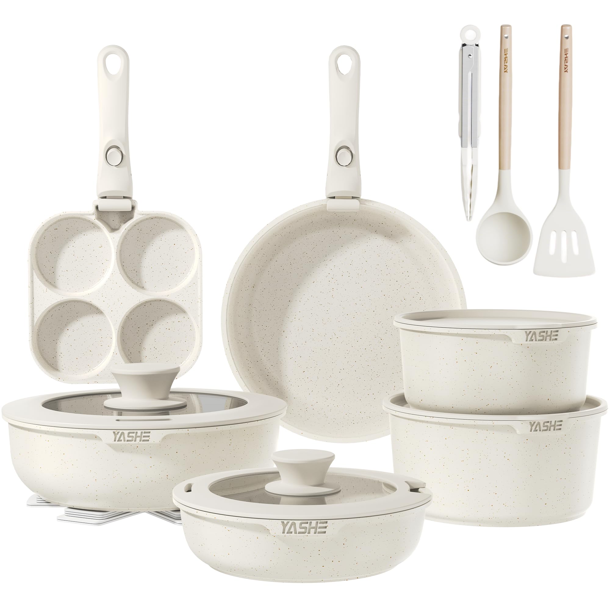 YASHE 20-Piece Pots and Pans Sets with Removable Handles, Non-Stick Cookware Set, Stackable Granite Pots and Pans with Glass Lids, Space-Saving for Campervans