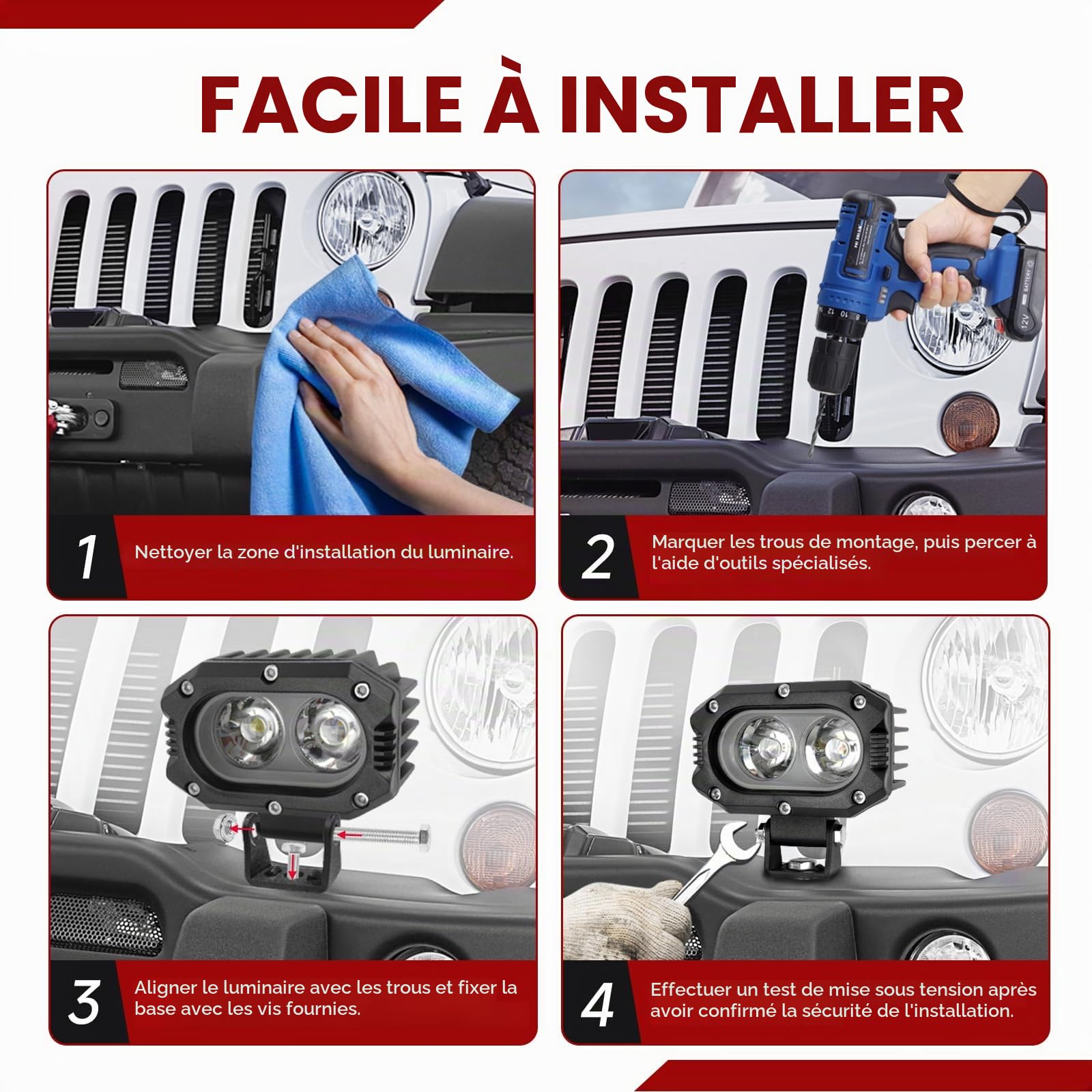 DREAMIZER LED Phare de Travail 4 Pouces 48W 8000LM Feux Additionnels Longue Portée Phares Antibrouillard LED Puissants Compatible avec UTV/Bâteau/Caravane/Moto/Voiture/4x4/SUV/Camion/Tracteur