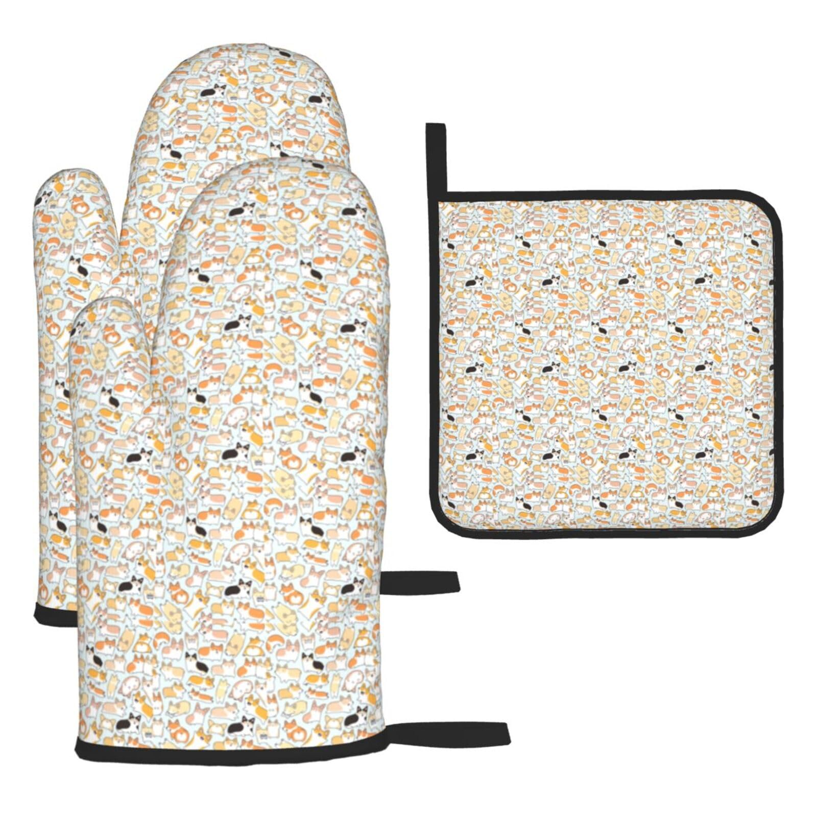 Corgi Pattern Print Oven Set Kitchen Gloves Baking Grilling Microwaving Cooking Gift Everyday Holiday