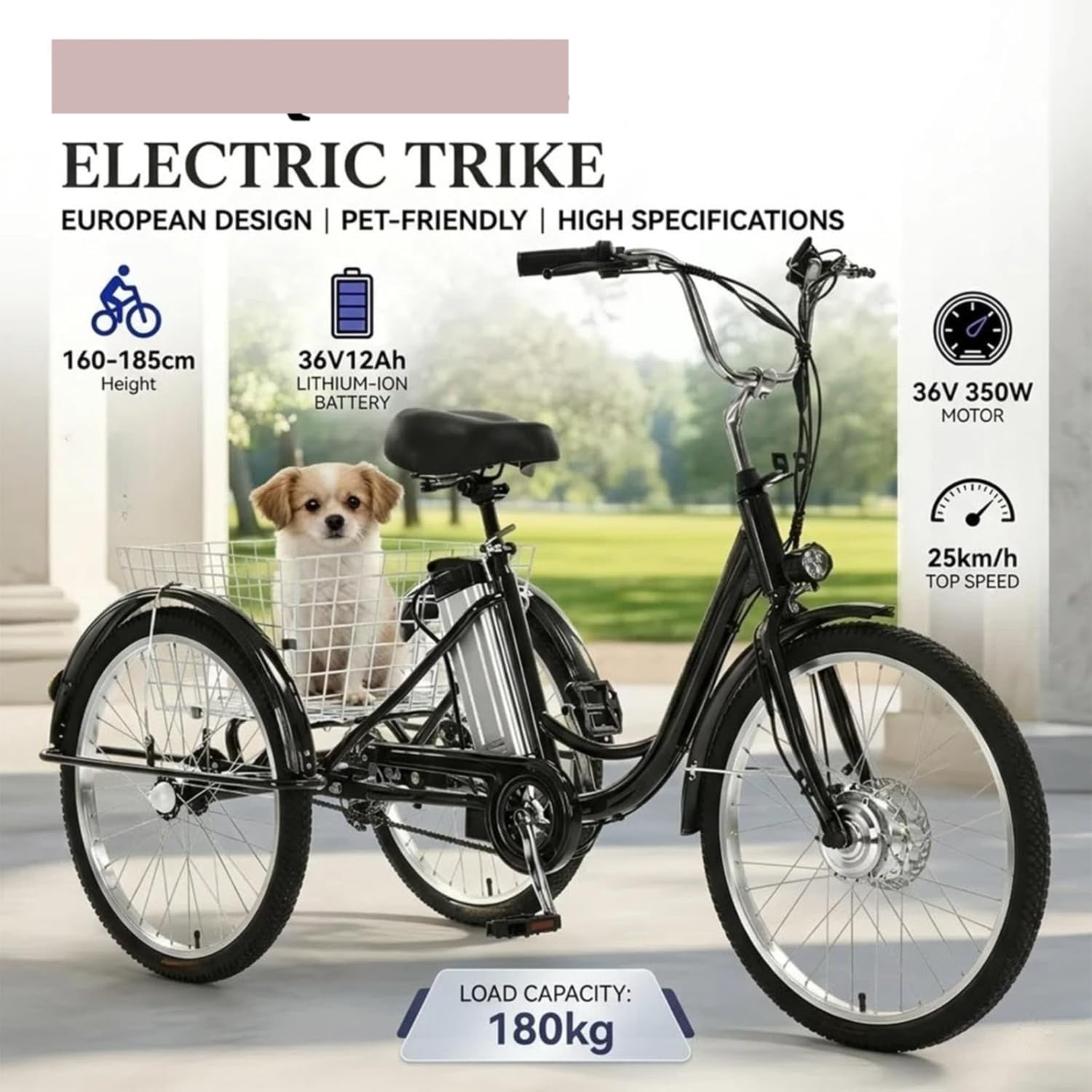 Triciclo elettrico per adulti a 3 ruote, ruote da 24", telaio ribassato, batteria rimovibile, display digitale e cestini portaoggetti per la spesa quotidiana, blu.
