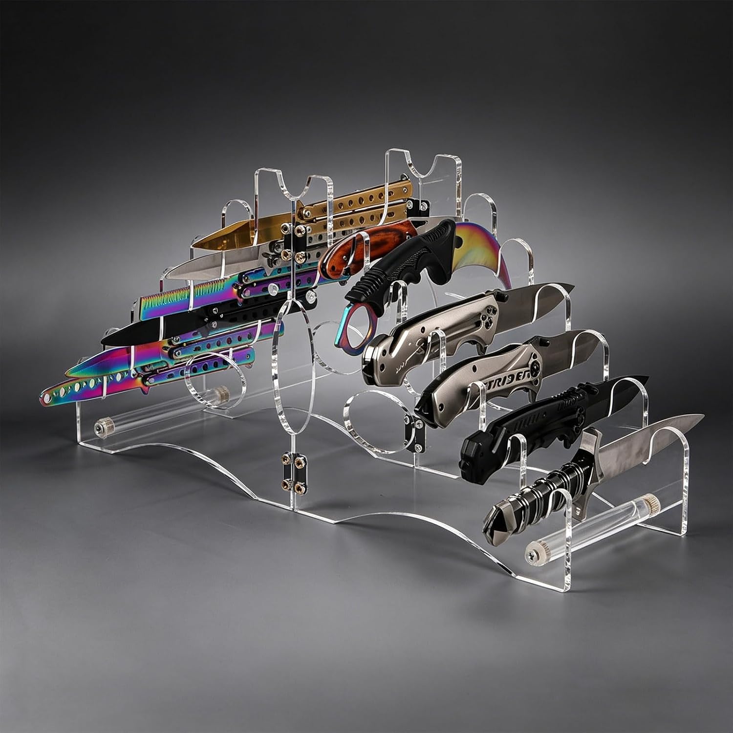 WANLIAN Knife Holder (Transparent Acrylic), 12-Slot Organizer & Display Stand for Pocket Knives, Sabre, Ideal for Outdoor Sports, Hiking, Hunting, DIY Activities