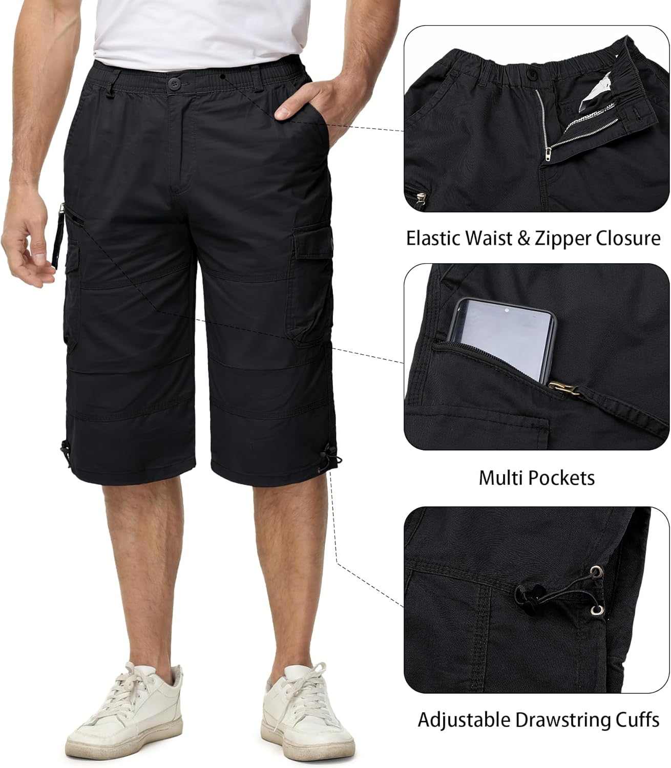 EKLENTSON Men's Cargo Shorts Casual Twill Elastic 3/4 Capri Pants Below Knee Long Shorts with 7 Pockets - Image 5