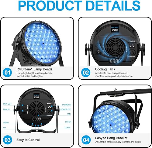 Vista 12 de BETOPPER Luces de escenario para fiestas, 54x3W LED Par Light RGB, DMX DJ luces activadas por sonido, iluminación estroboscópica para fiesta, boda